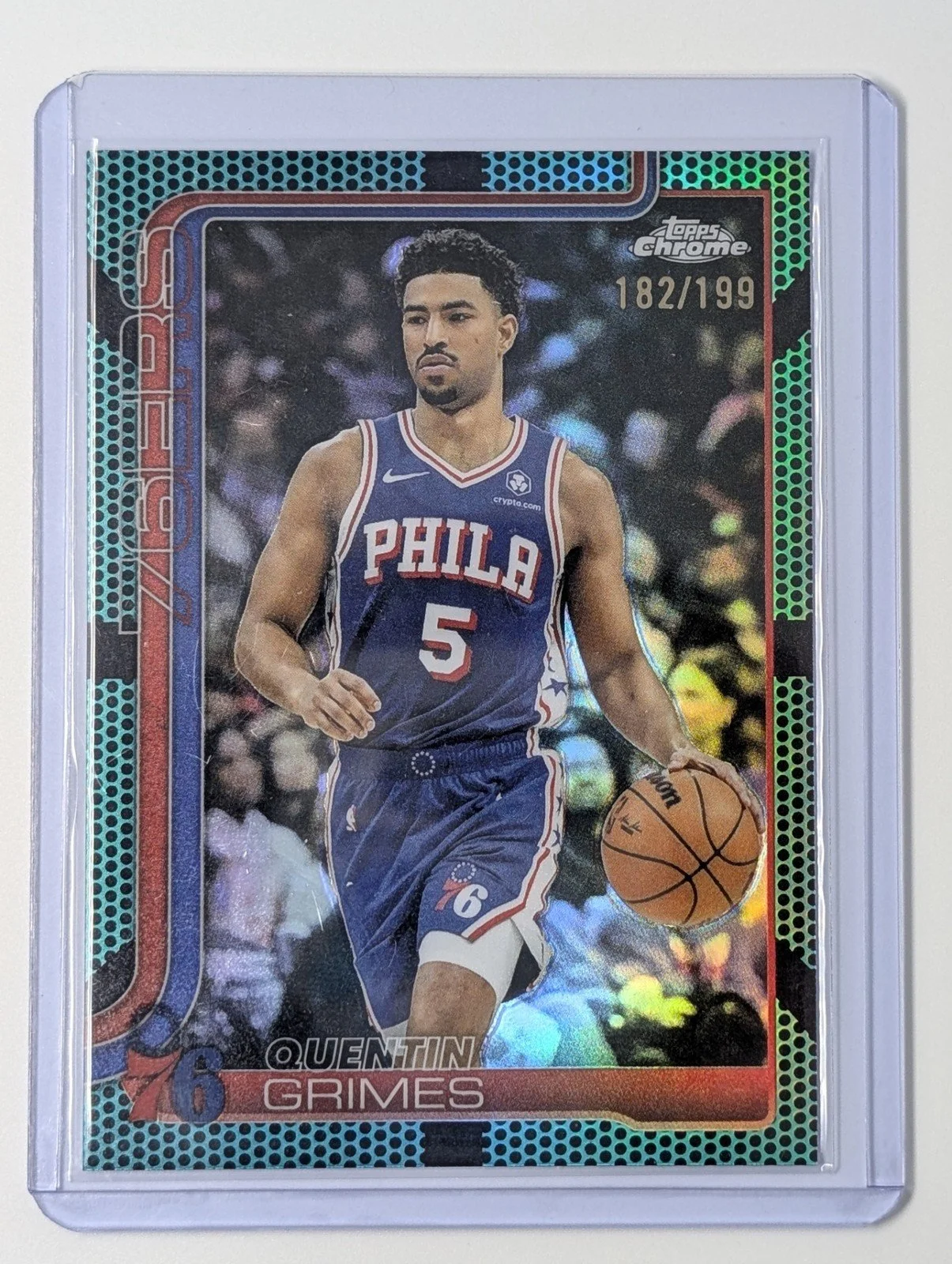 Front of 2025-26 Topps Chrome #197 Quentin Grimes Aqua Basketball Refractor #/199