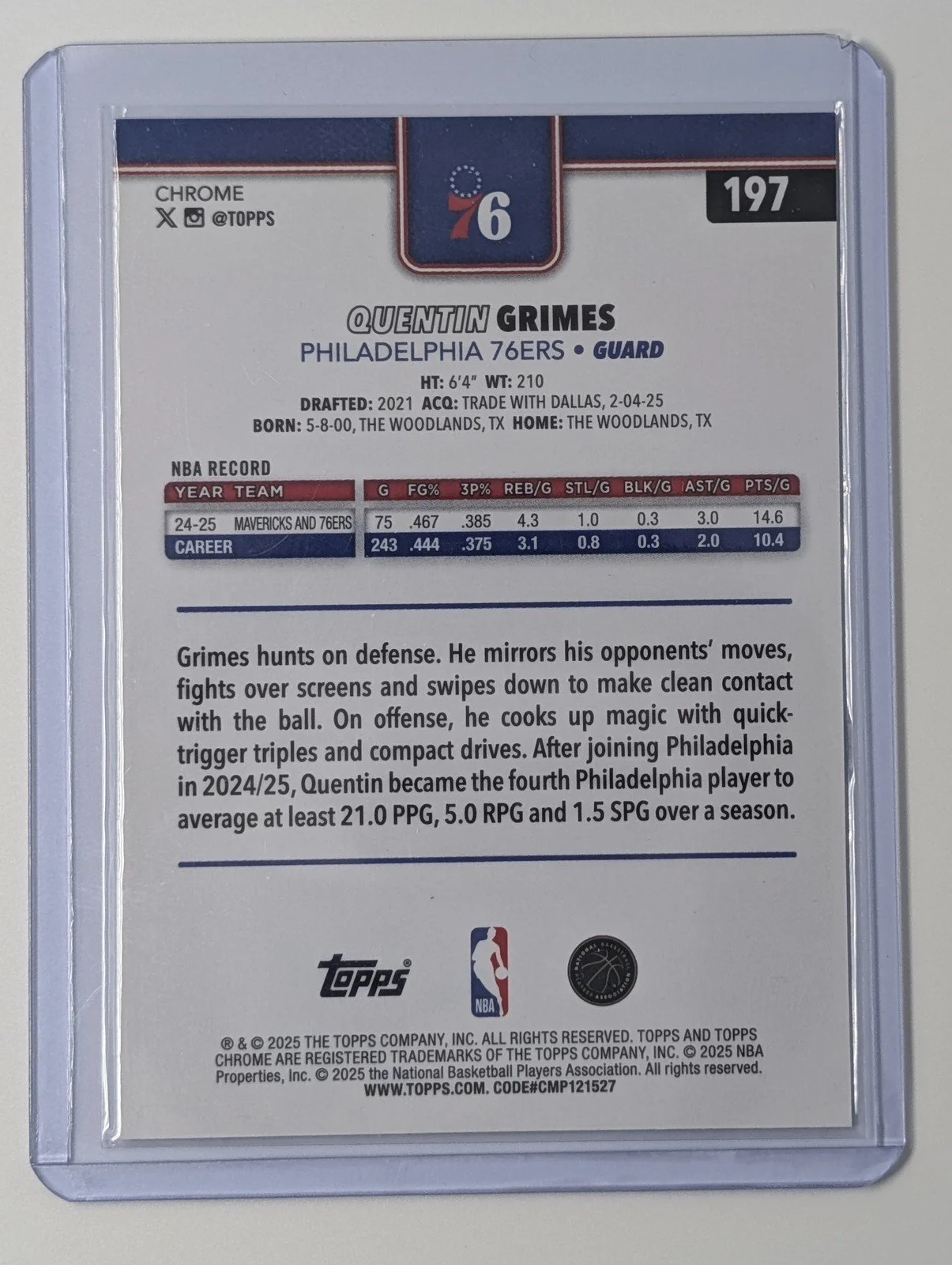 Back of 2025-26 Topps Chrome #197 Quentin Grimes Aqua Basketball Refractor #/199