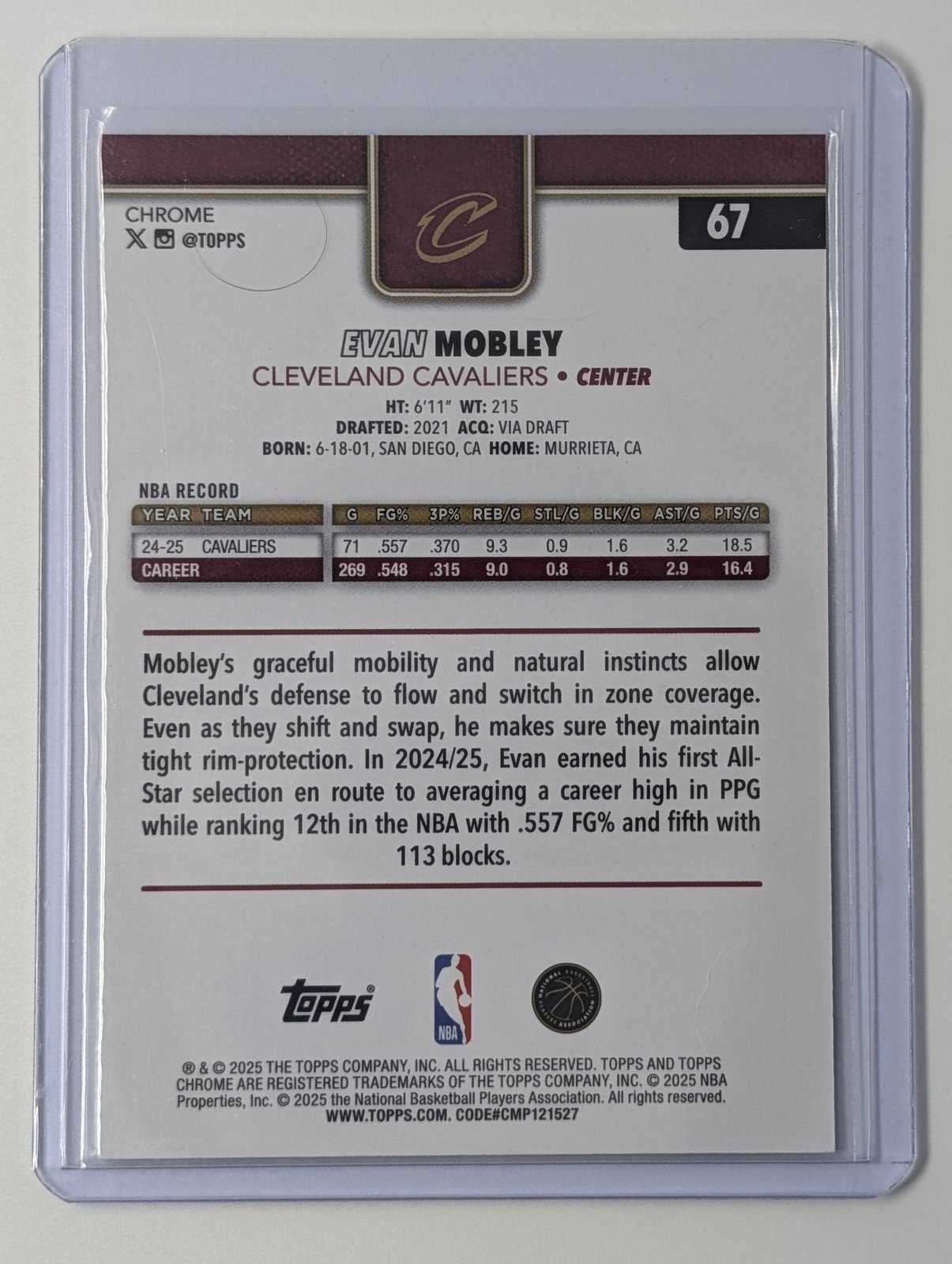 Back of 2025-26 Topps Chrome #67 Evan Mobley Basketball Refractor