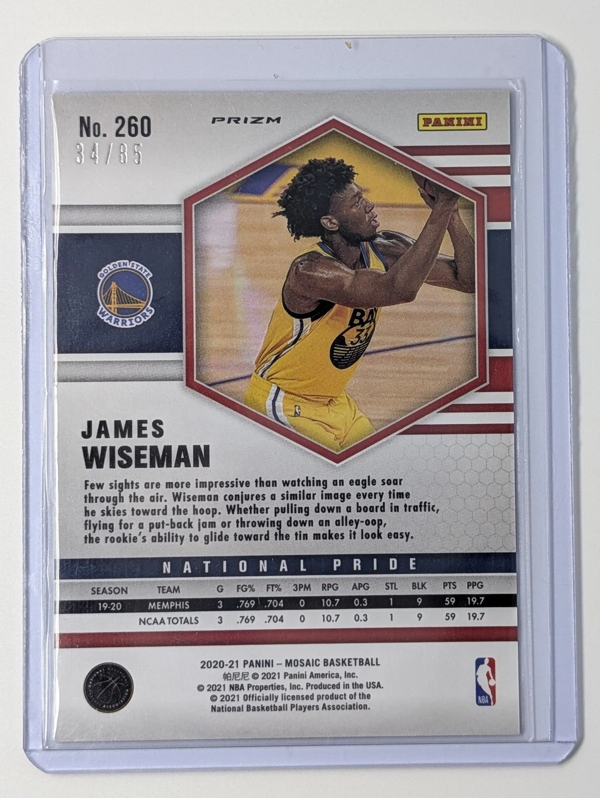 Back of 2020-21 Panini Mosaic #260 James Wiseman Mosaic Fast Break Blue #/85