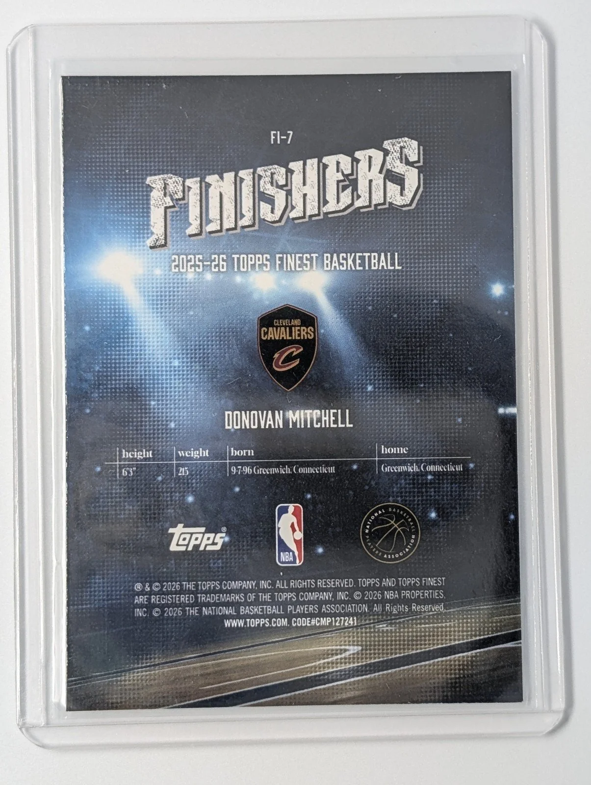 Back of 2025-26 Finest #FI-7 Donovan Mitchell Finishers X-Fractor