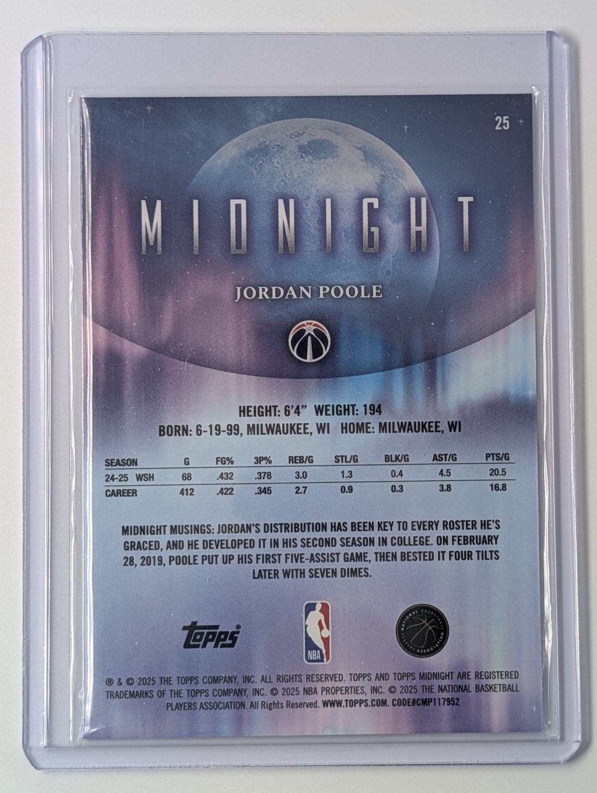 Back of 2025-26 Topps Midnight #25 Jordan Poole