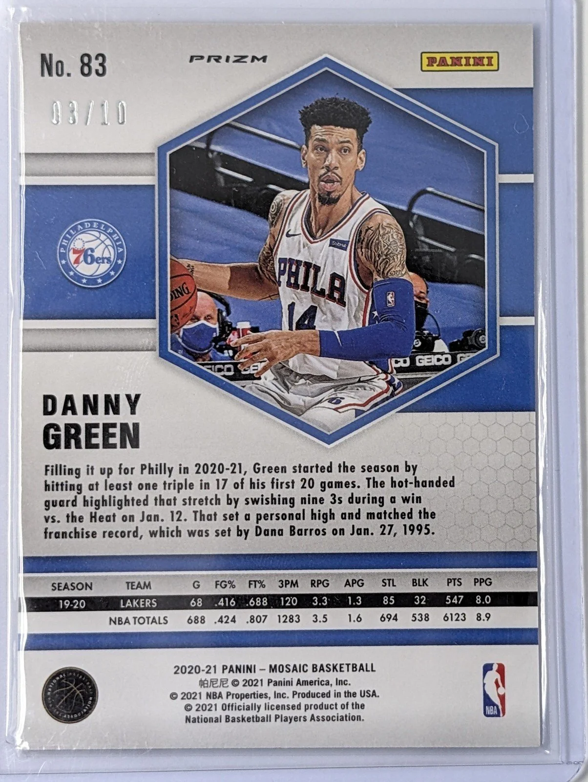 Back of 2020-21 Panini Mosaic #83 Danny Green /10 Mosaic Fast Break Gold
