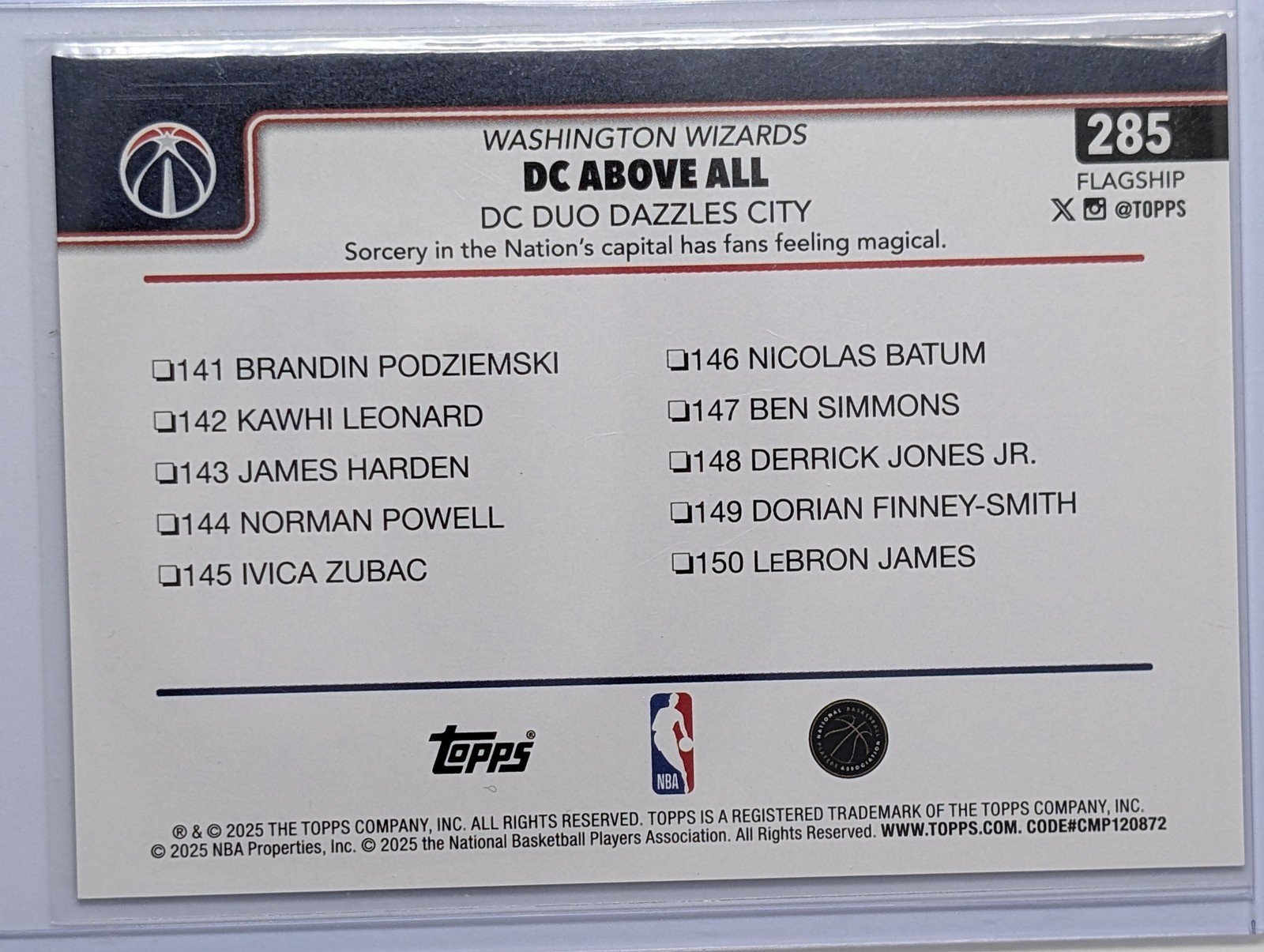 Back of 2025-26 Topps #285 DC Above All: DC Duo Dazzles City /50 Gold Rainbow