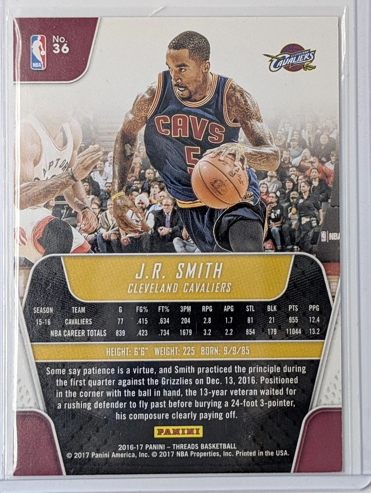 Back of 2016-17 Panini Threads J.R. Smith Jersey Number Gold 5/10 #36 Cavaliers