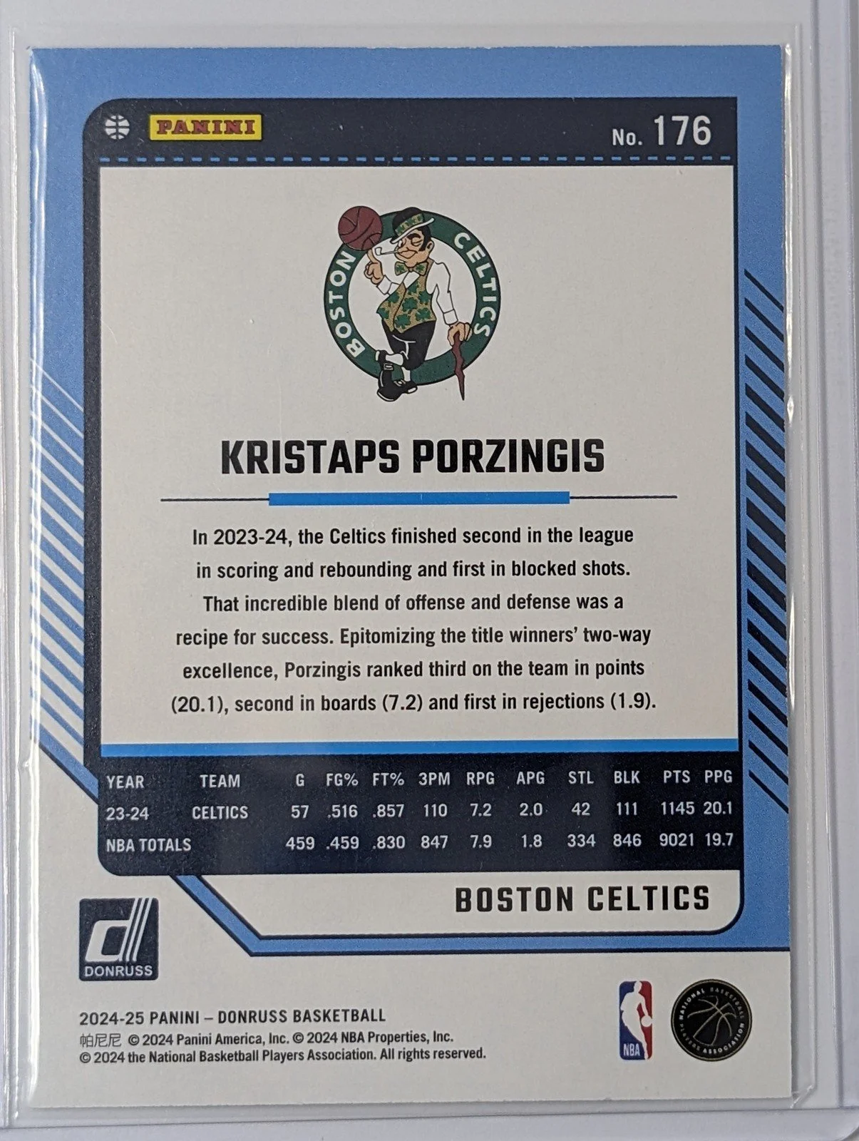 Back of 2024-25 Donruss #176 Kristaps Porzingis Press Proof /199
