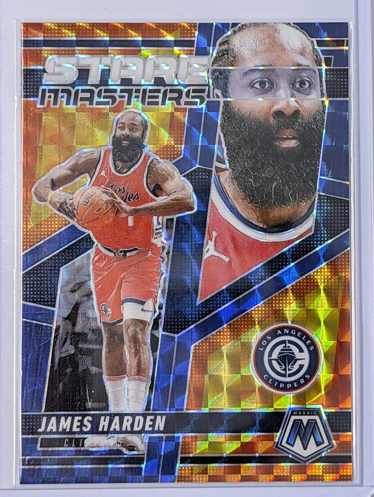 Front of 2024-25 Panini Mosaic #19 James Harden /199 Stare Masters Blue Mosaic Prizm