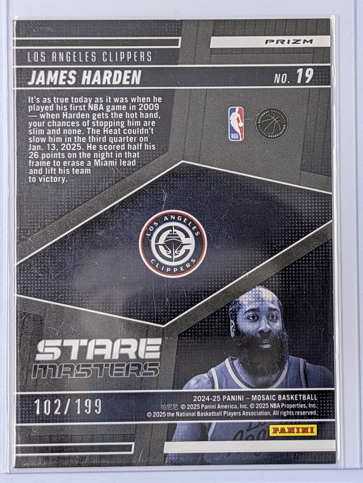 Back of 2024-25 Panini Mosaic #19 James Harden /199 Stare Masters Blue Mosaic Prizm
