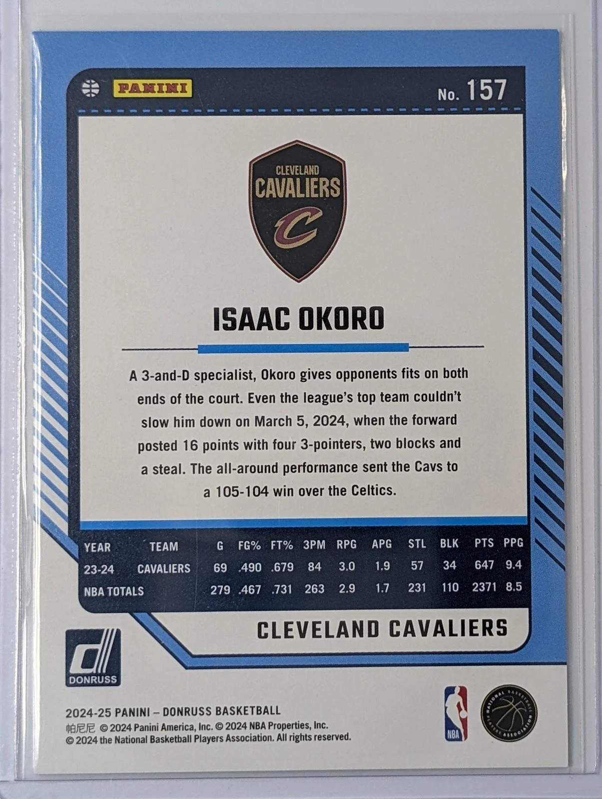 Back of 2024-25 Donruss #157 Isaac Okoro Hyper #/125
