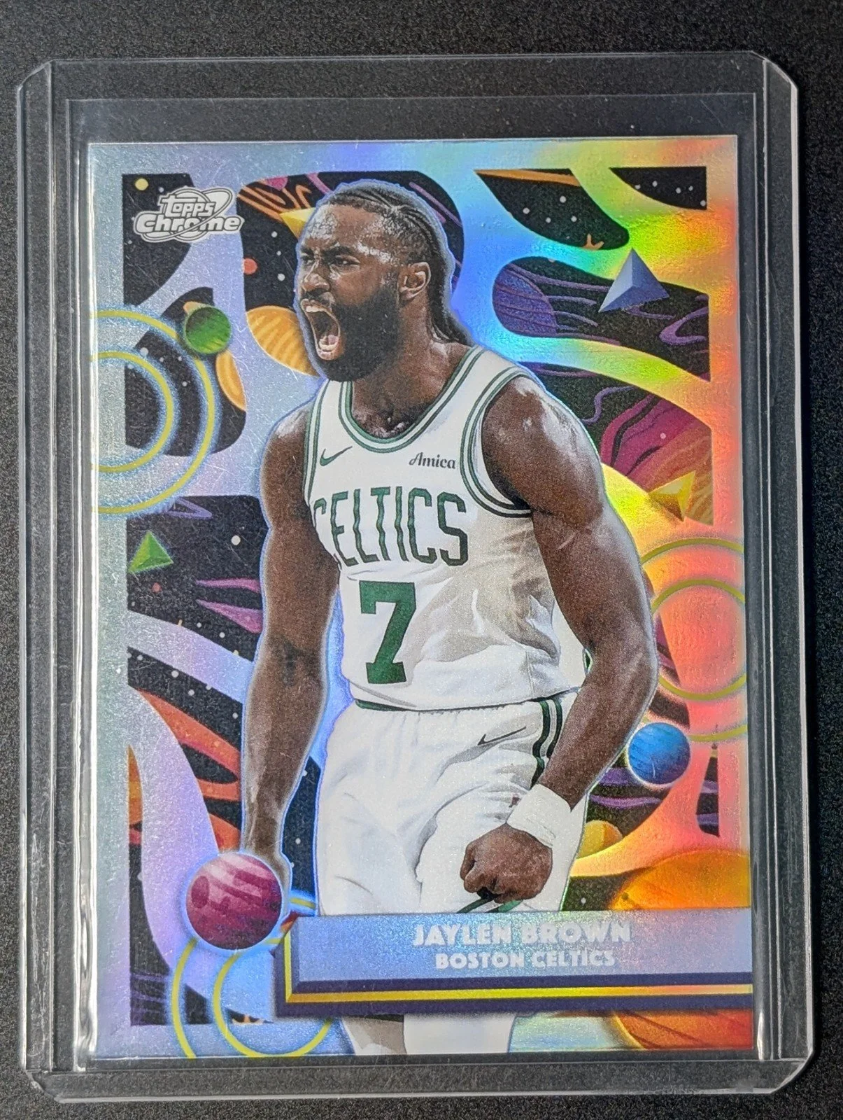 Front of 2025-26 Topps Chrome Cosmic #112 Jaylen Brown Refractor