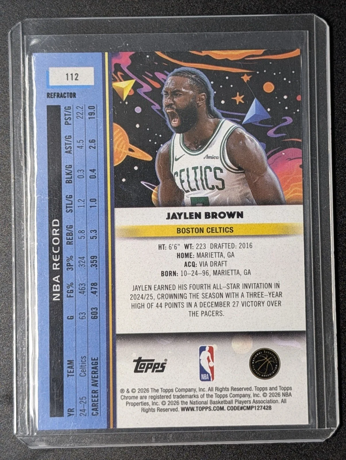 Back of 2025-26 Topps Chrome Cosmic #112 Jaylen Brown Refractor