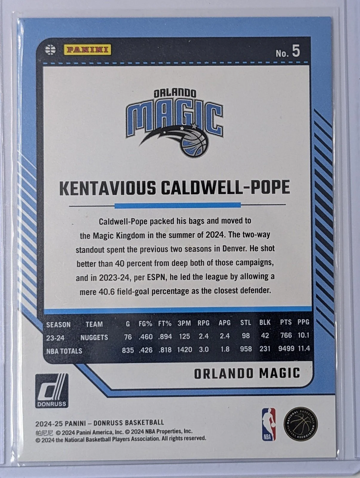 Back of 2024-25 Donruss #5 Kentavious Caldwell-Pope Storm #/299