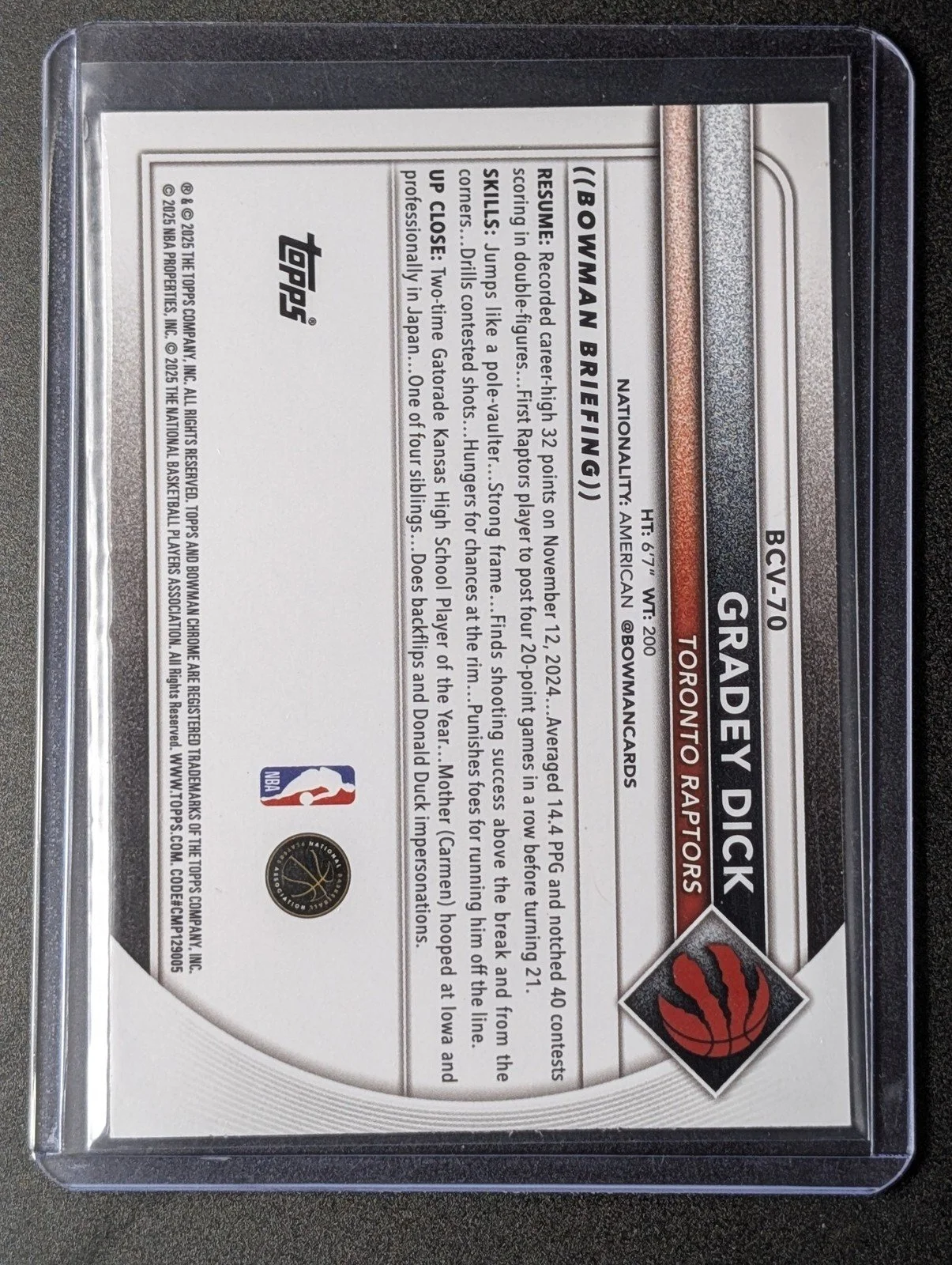 Back of 2025-26 Bowman #BCV-70 Gradey Dick reptillian