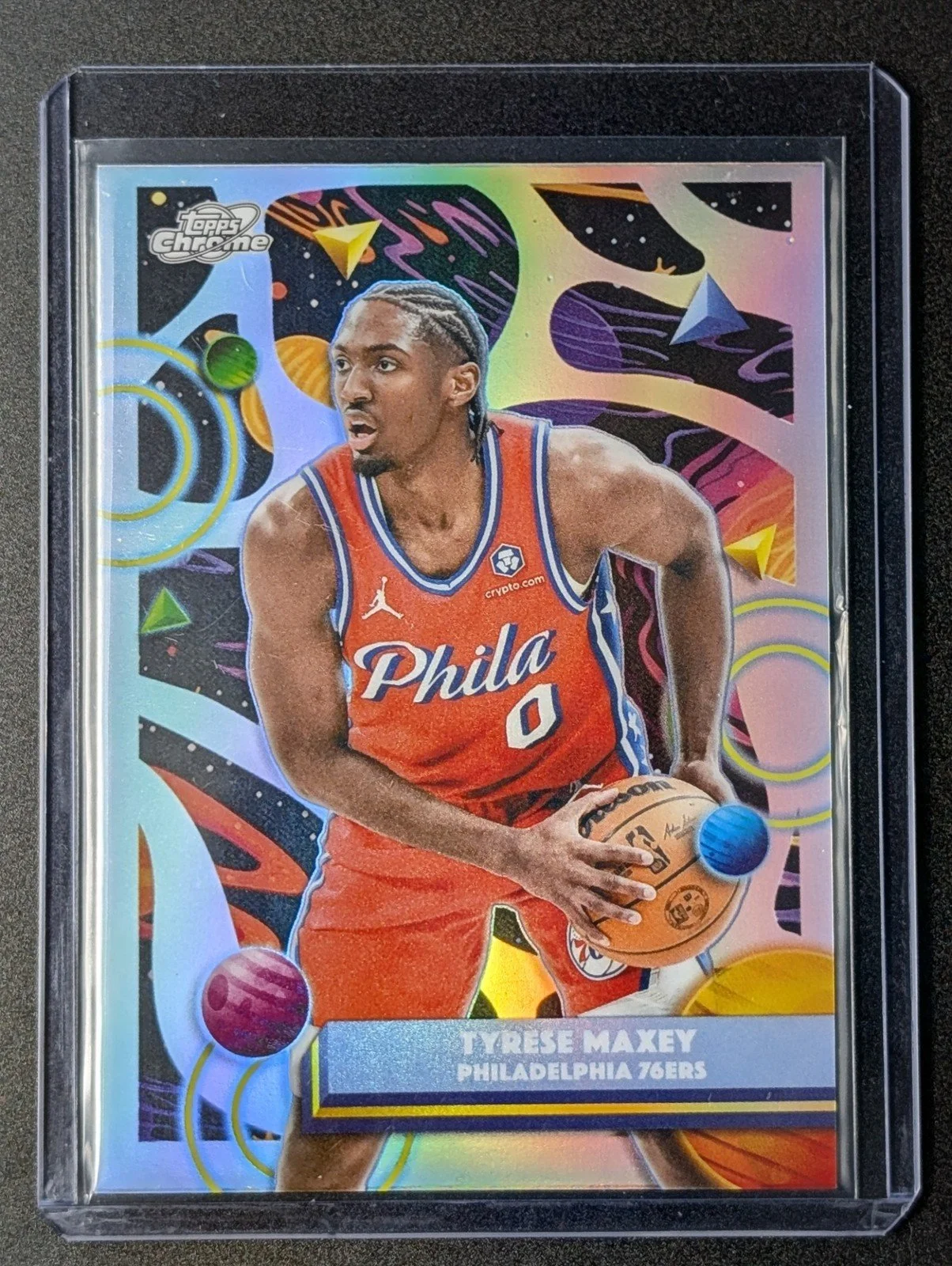 Front of 2025-26 Topps Chrome Cosmic #57 Tyrese Maxey Refractor