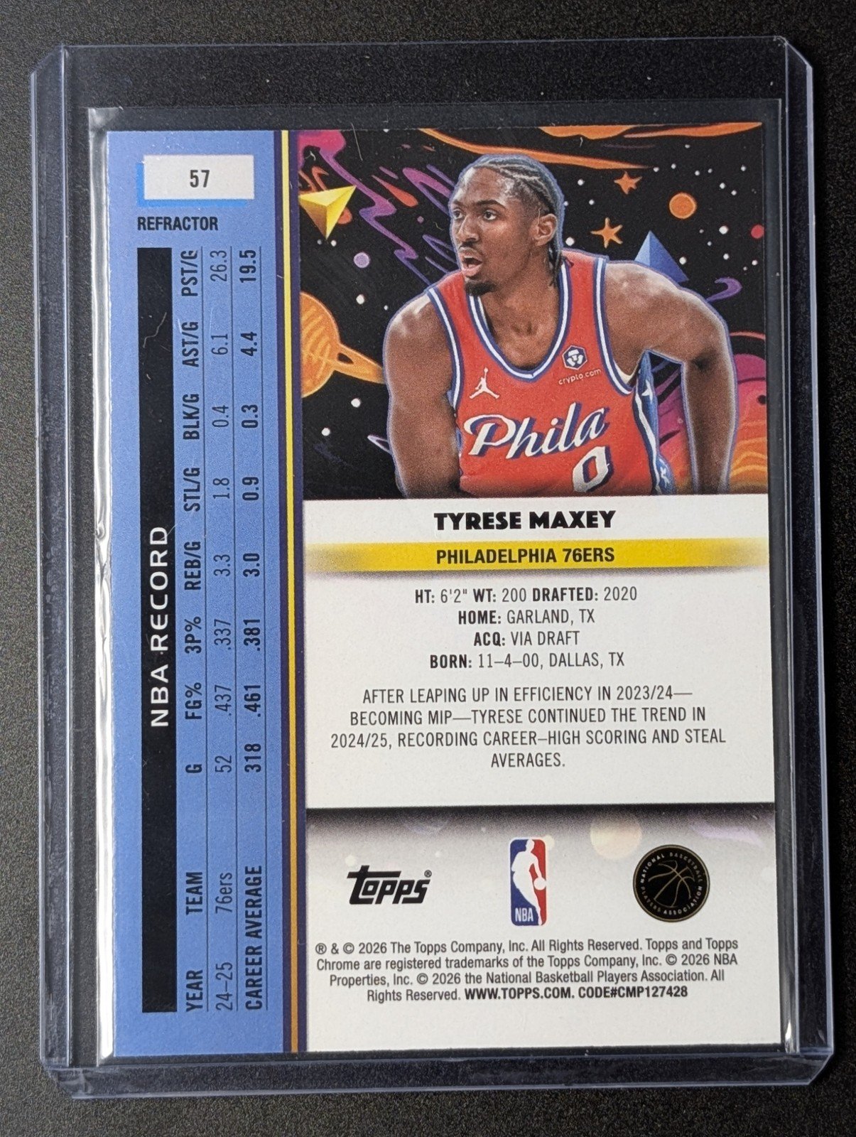 Back of 2025-26 Topps Chrome Cosmic #57 Tyrese Maxey Refractor