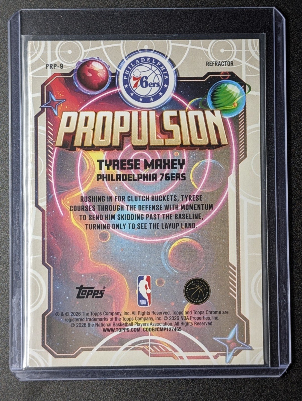 Back of 2025-26 Topps Chrome Cosmic Tyrese Maxey PROPULSION Refractor #PRP-9 76ers