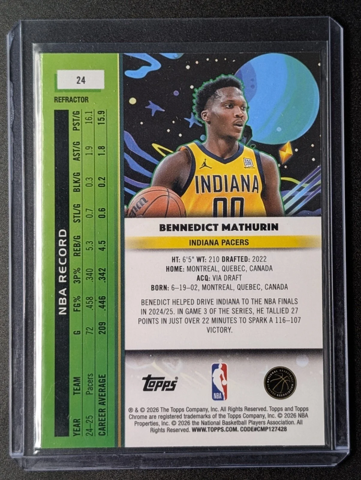 Back of 2025-26 Topps Chrome Cosmic #24 Bennedict Mathurin Refractor