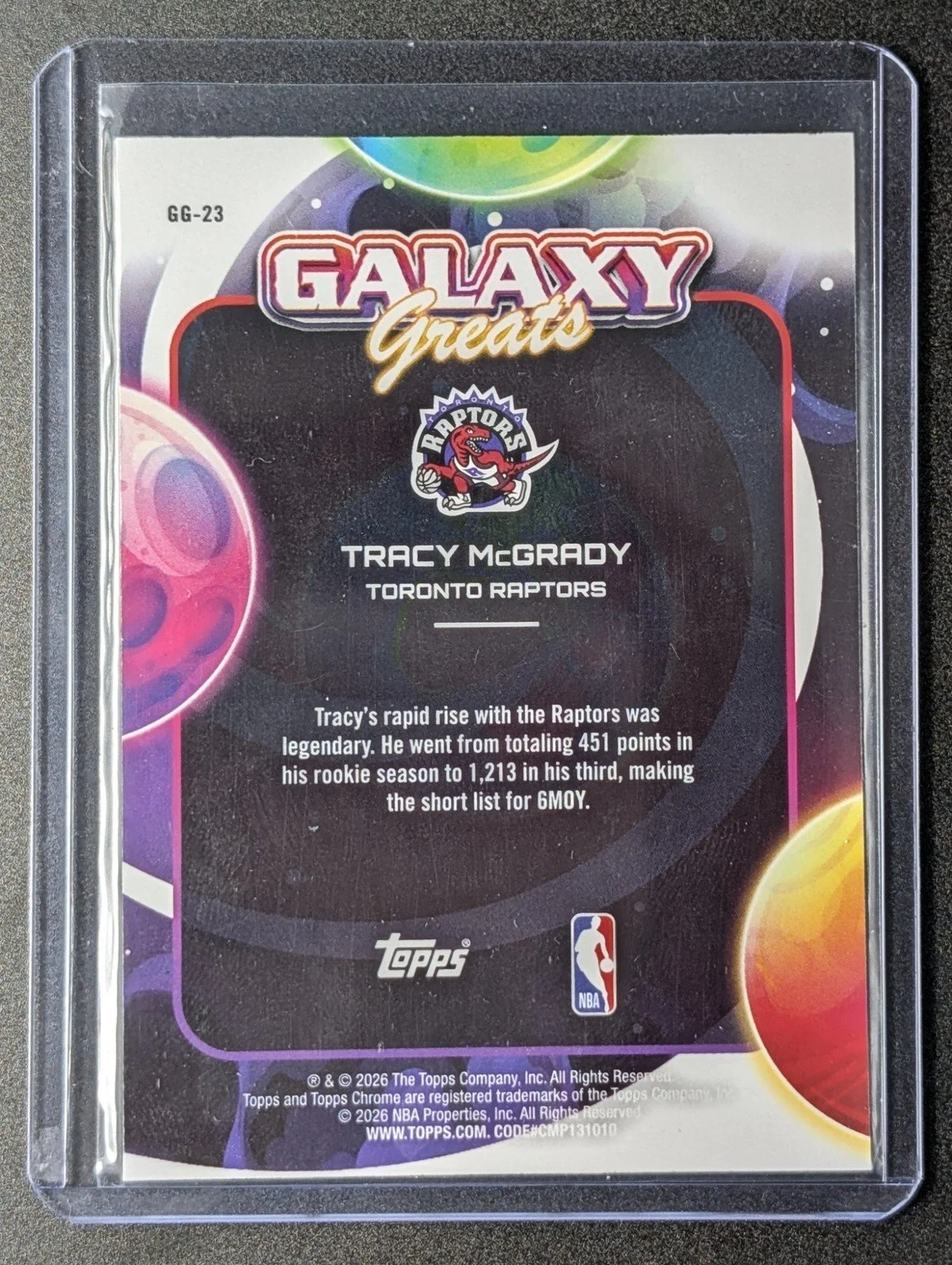Back of Tracy McGrady 2025 Topps Cosmic Chrome Galaxy Greats #GG-23