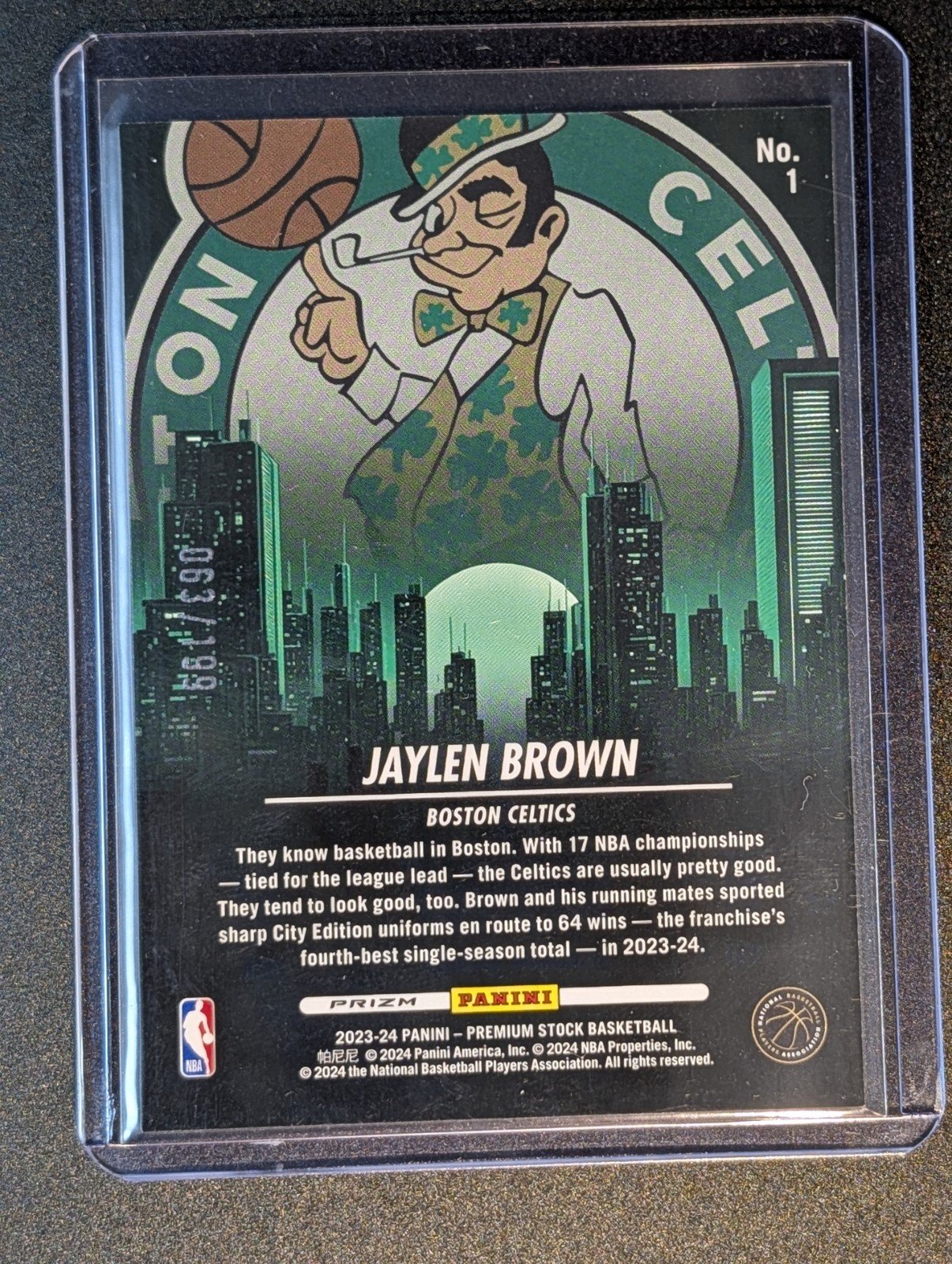 Back of 2023-24 Hoops Premium Stock #1 Jaylen Brown City Edition Red Seismic Prizm #/199