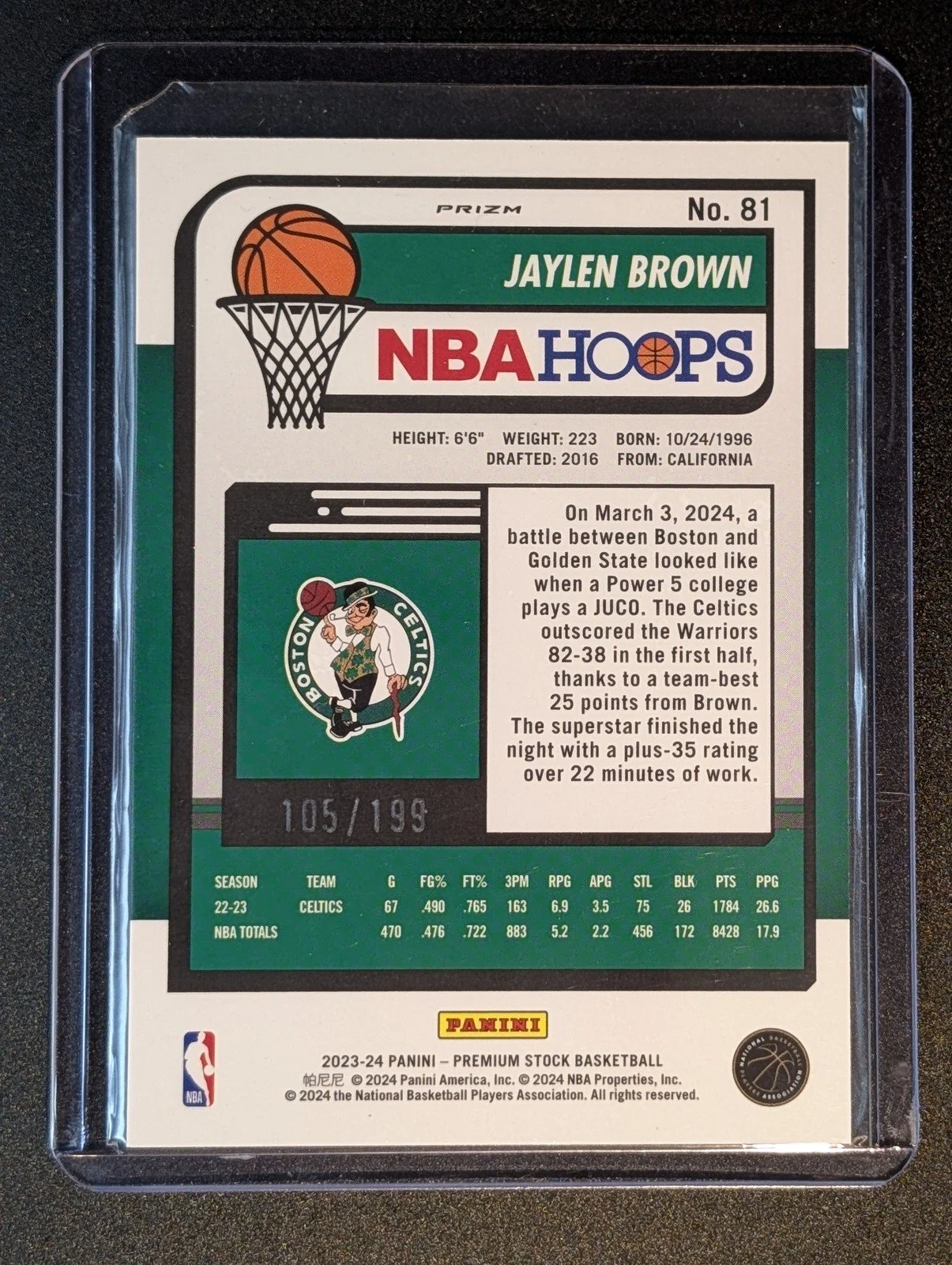 Back of 2023-24 Hoops Premium Stock #81 Jaylen Brown Red Seismic Prizm #/199