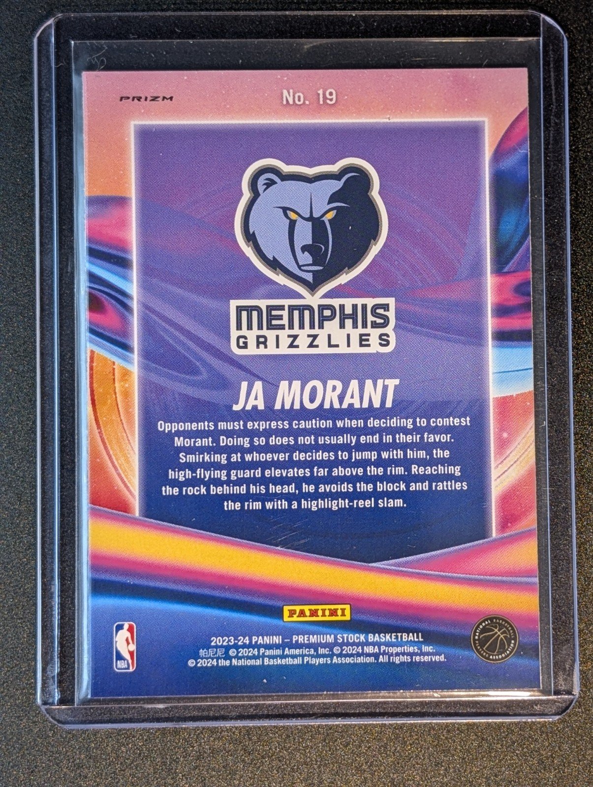 Back of 2023-24 Hoops Premium Stock #19 Ja Morant Anti Gravity Silver Prizm