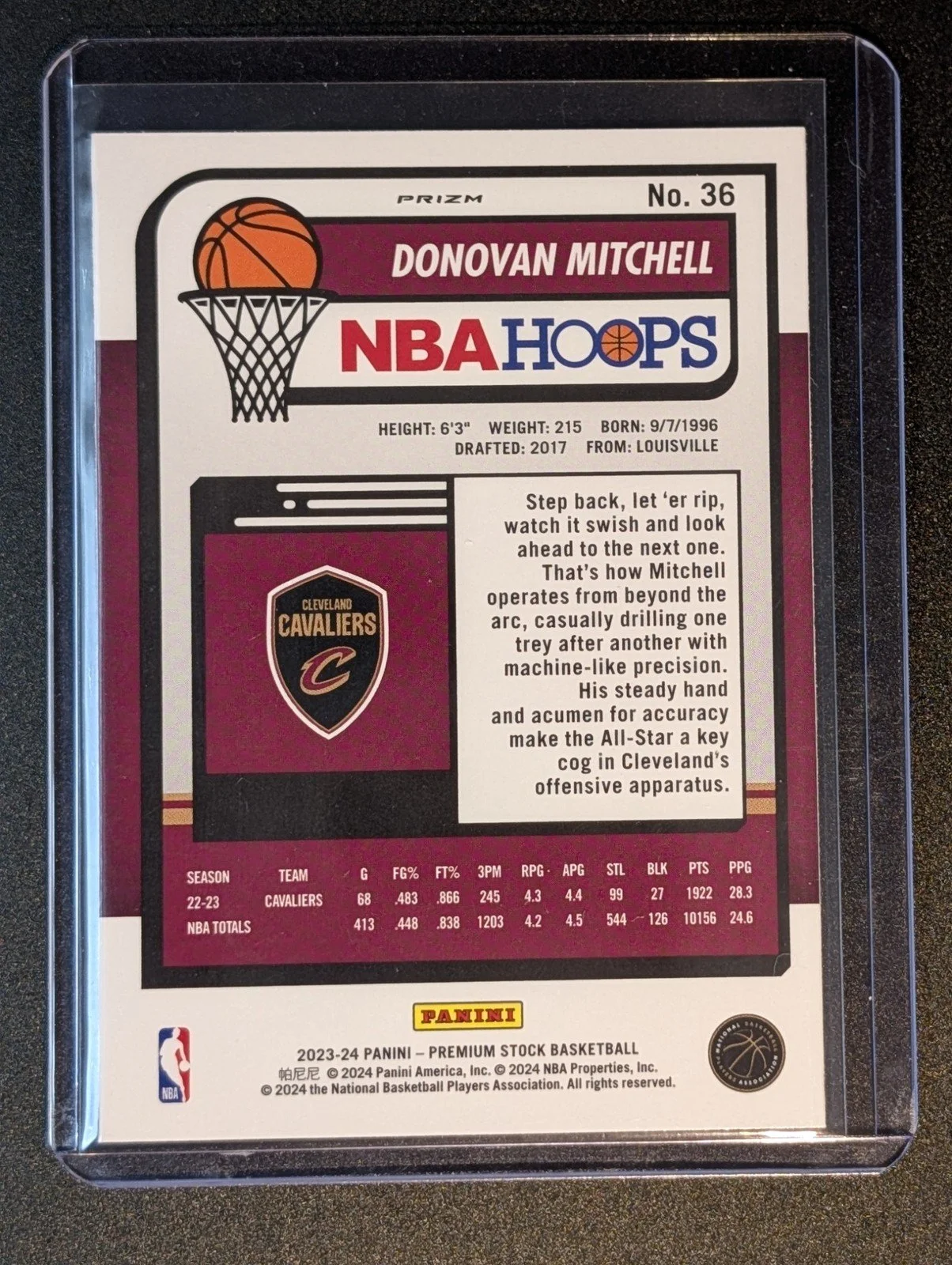 Back of 2023-24 Hoops Premium Stock #36 Donovan Mitchell Seismic Prizm