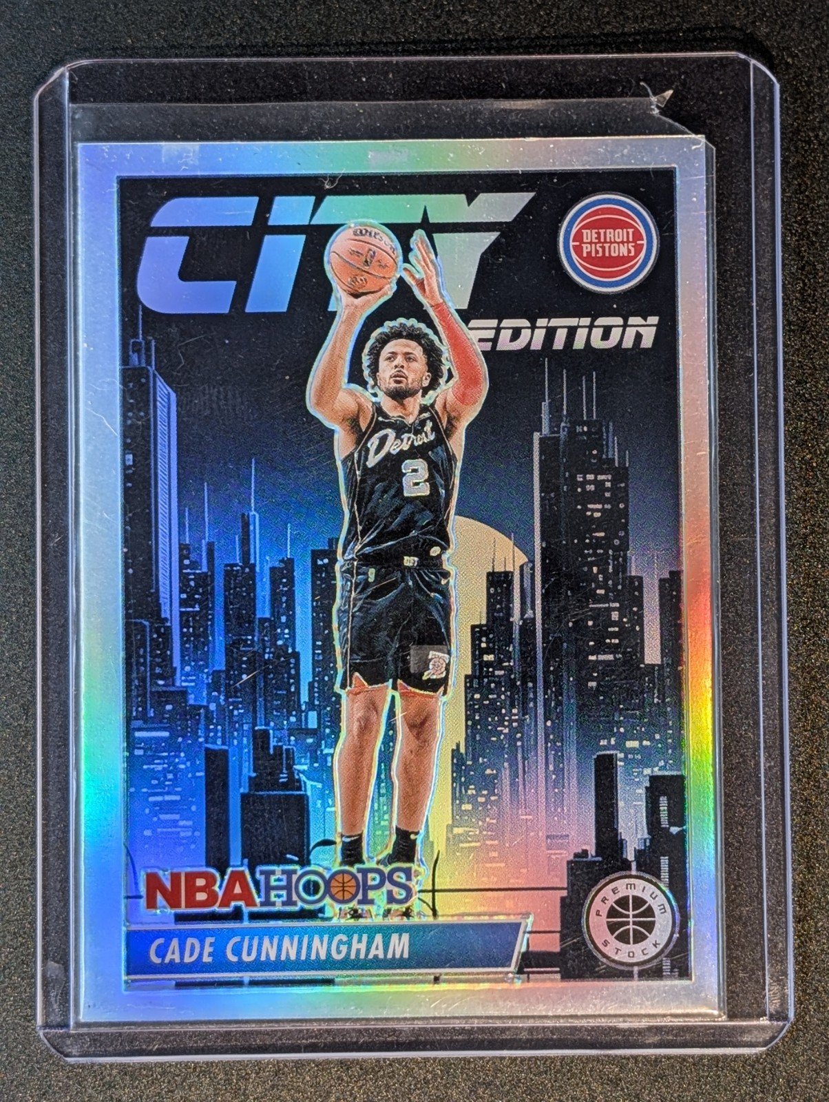 Front of 2023-24 Hoops Premium Stock #29 Cade Cunningham City Edition Silver Prizm