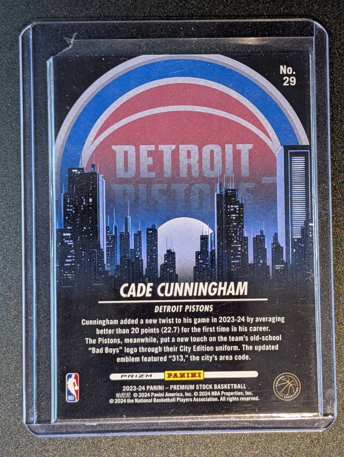 Back of 2023-24 Hoops Premium Stock #29 Cade Cunningham City Edition Silver Prizm