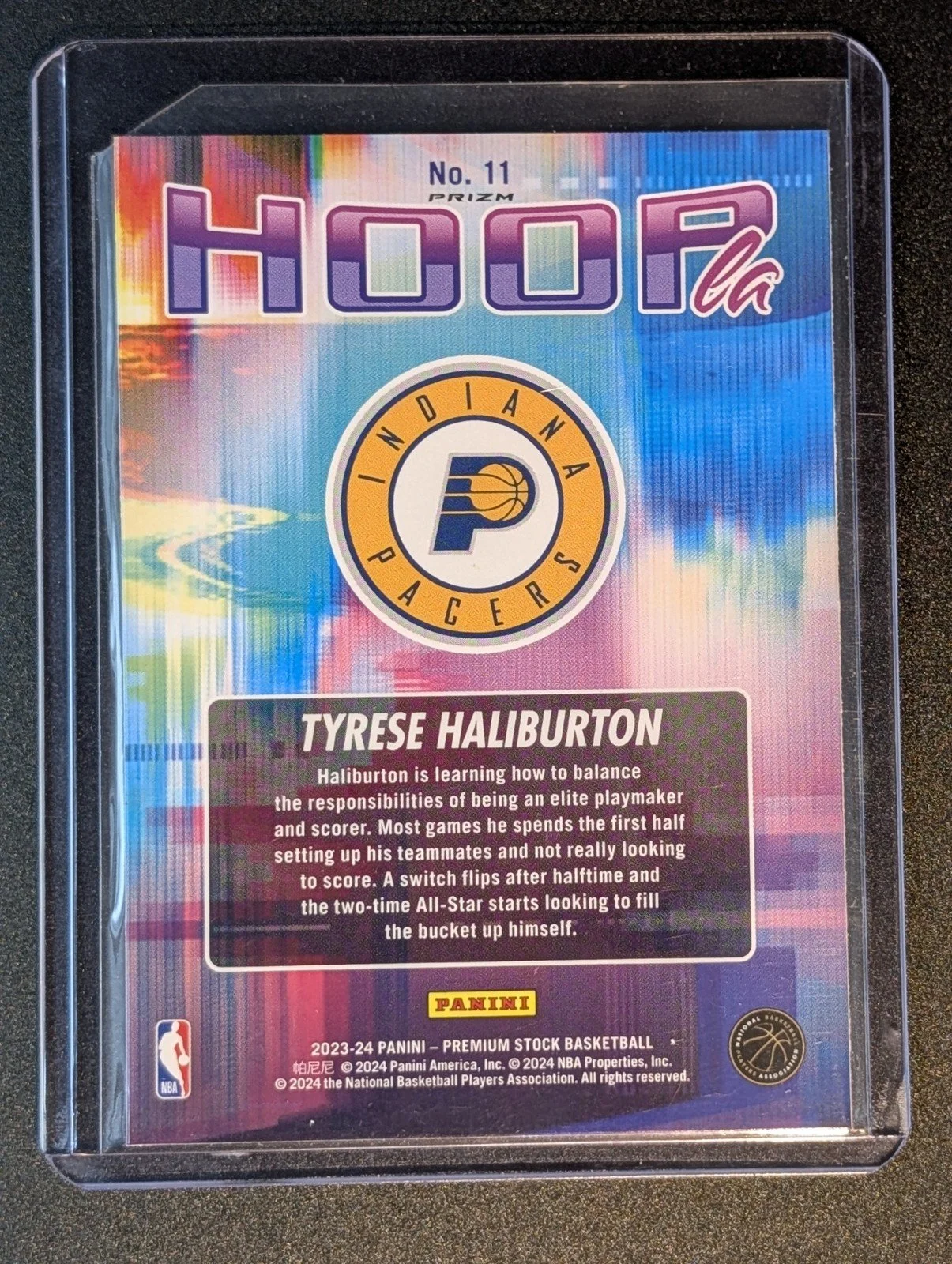 Back of 2023-24 Hoops Premium Stock #11 Tyrese Haliburton Hoopla Silver Prizm