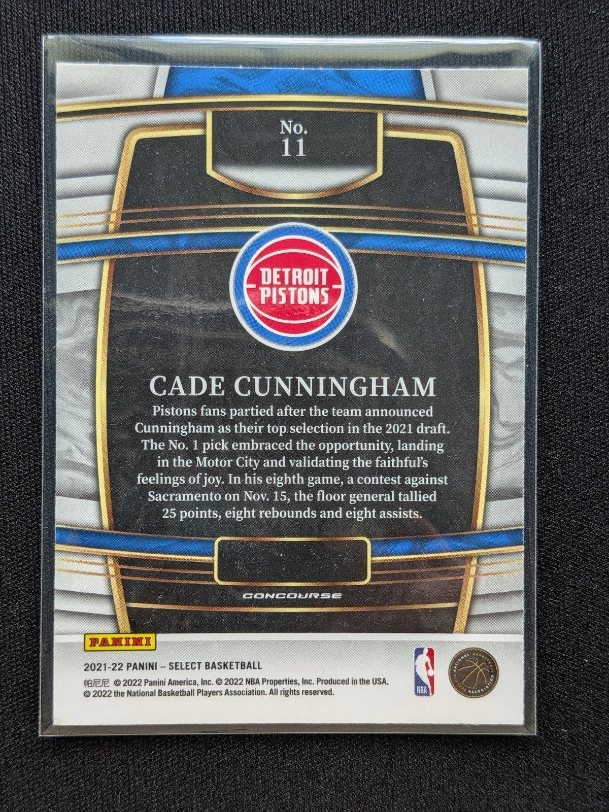 Back of 2021-22 Panini Select #11 Cade Cunningham Blue RC READ DESC