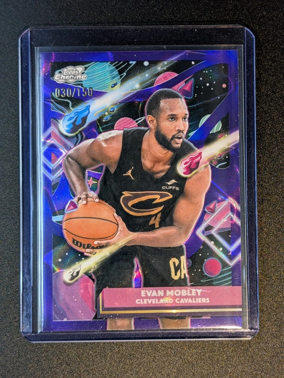 Front of 2025-26 Topps Chrome Cosmic /150 Purple Nebula #74 Evan Mobley Cavaliers