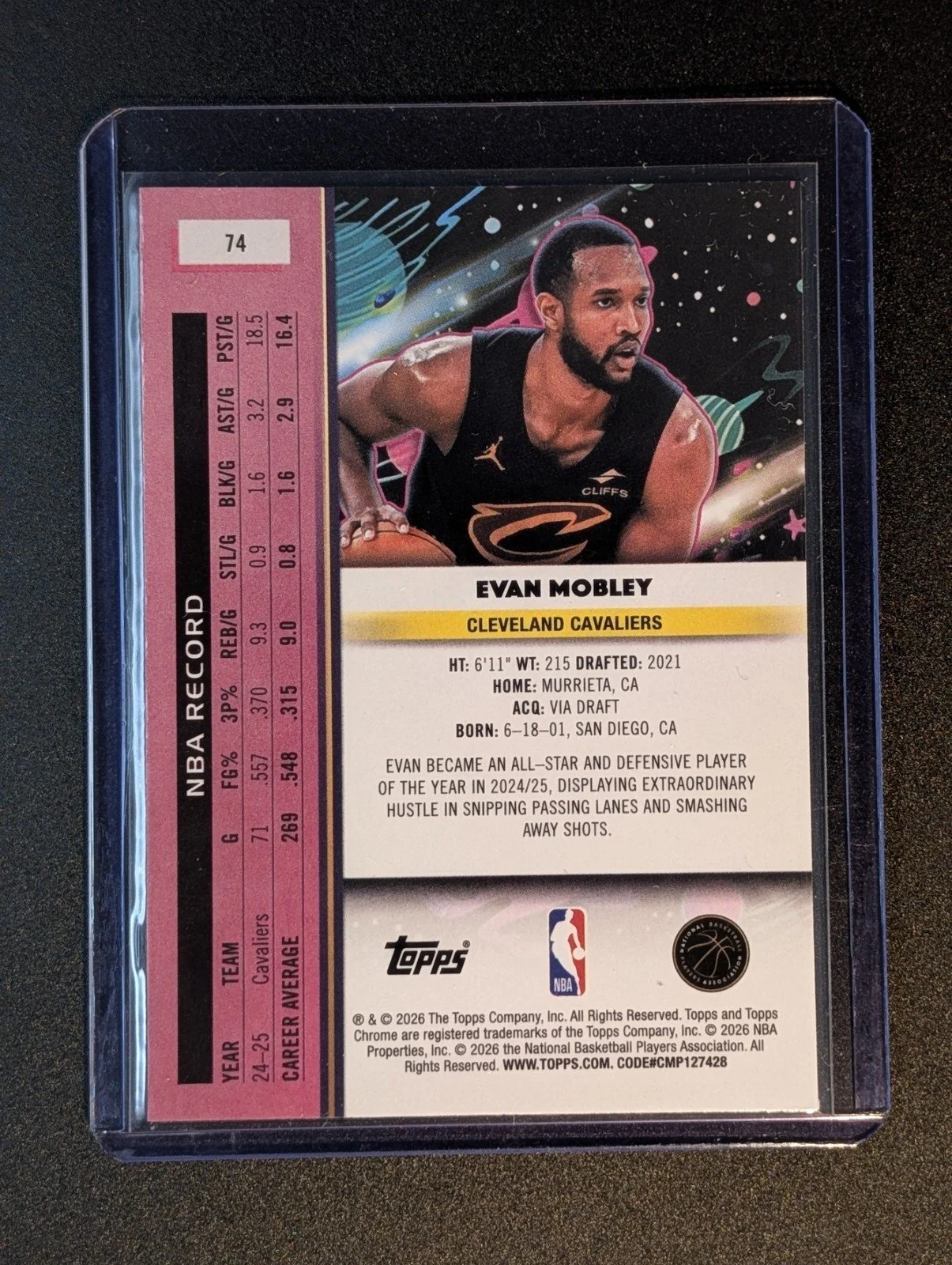 Back of 2025-26 Topps Chrome Cosmic /150 Purple Nebula #74 Evan Mobley Cavaliers
