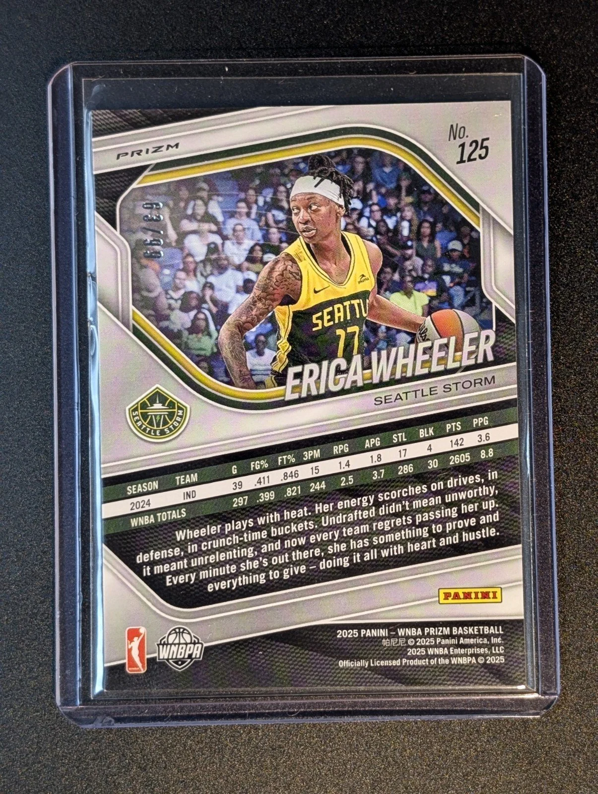 Back of 2025 Panini Prizm WNBA #125 Erica Wheeler Orange Prizms #/99