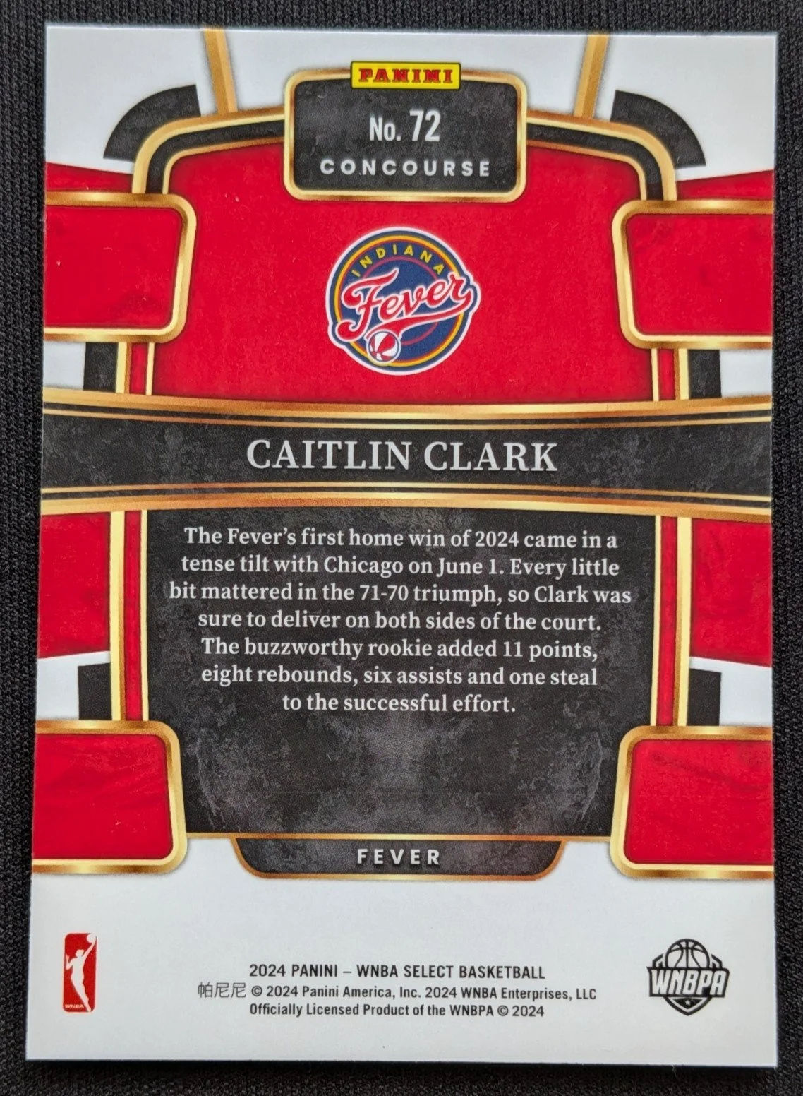 Back of 2024 Panini Select WNBA #72 Caitlin Clark Rookie RC