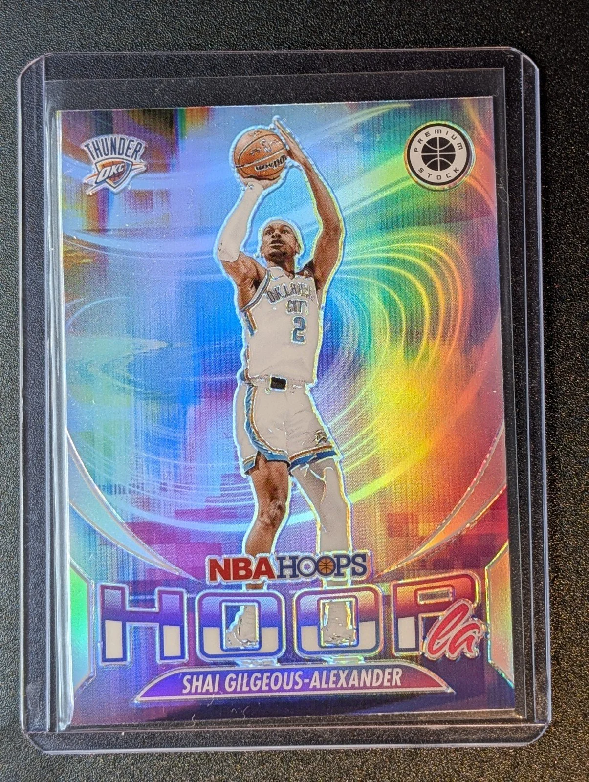 Front of 2023-24 Hoops Premium Stock #4 Shai Gilgeous-Alexander Hoopla Silver Prizm