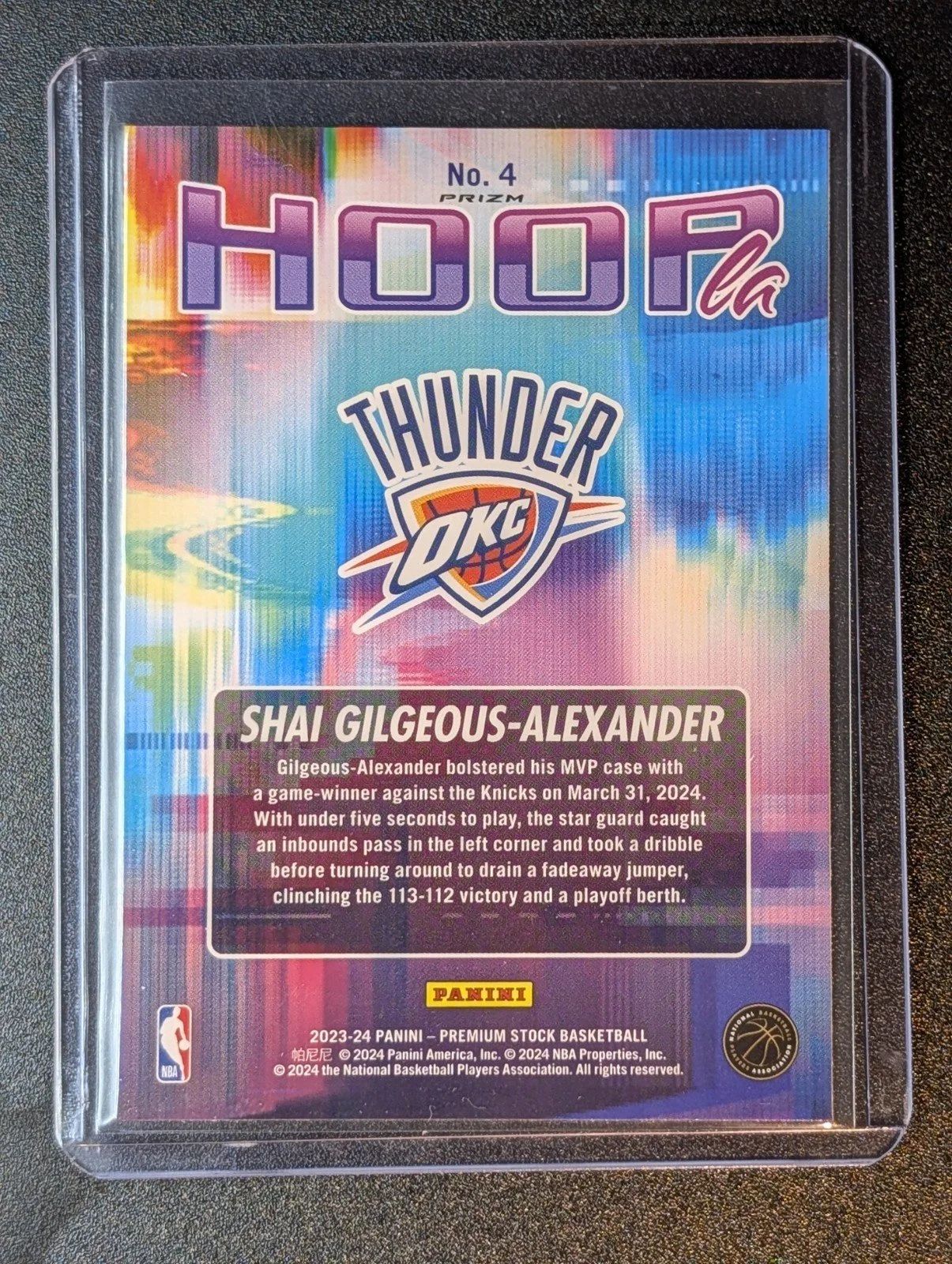 Back of 2023-24 Hoops Premium Stock #4 Shai Gilgeous-Alexander Hoopla Silver Prizm