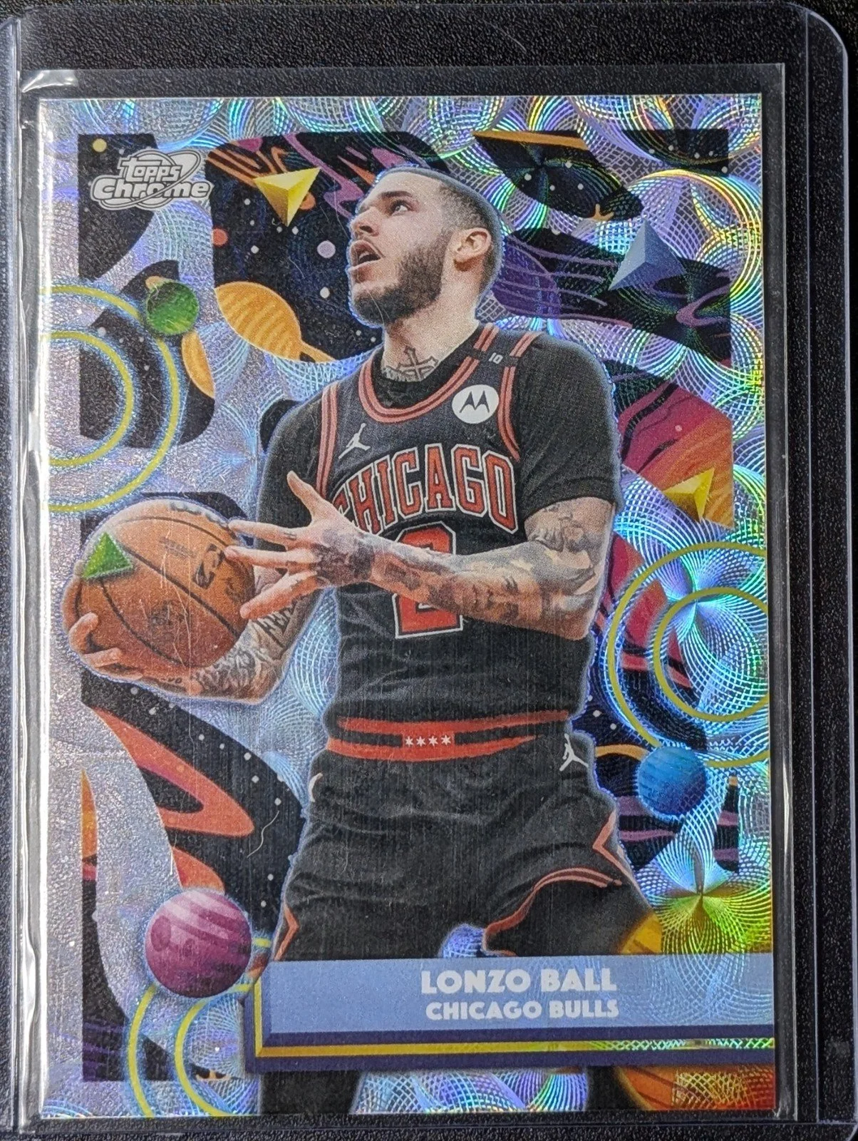 Front of 2025-26 Topps Cosmic Chrome LONZO BALL Nucleus Refractor Chicago Bulls #19