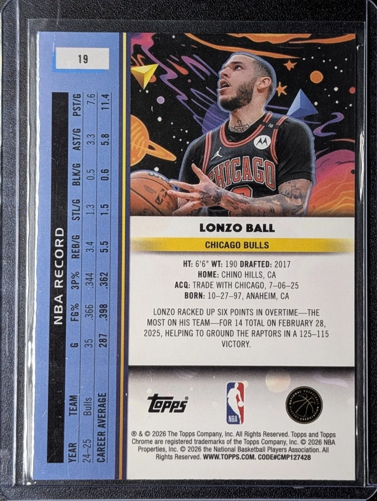 Back of 2025-26 Topps Cosmic Chrome LONZO BALL Nucleus Refractor Chicago Bulls #19
