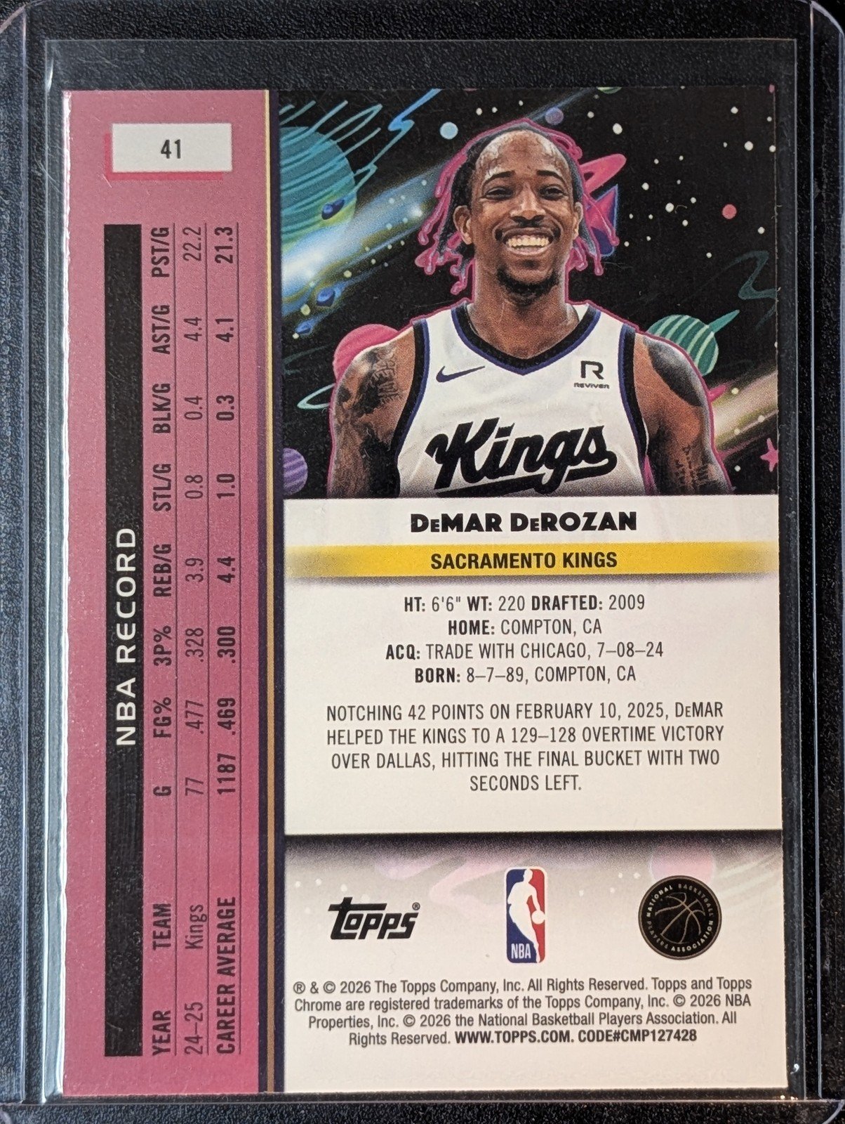 Back of 2025-26 Topps Chrome Cosmic #41 DeMar DeRozan