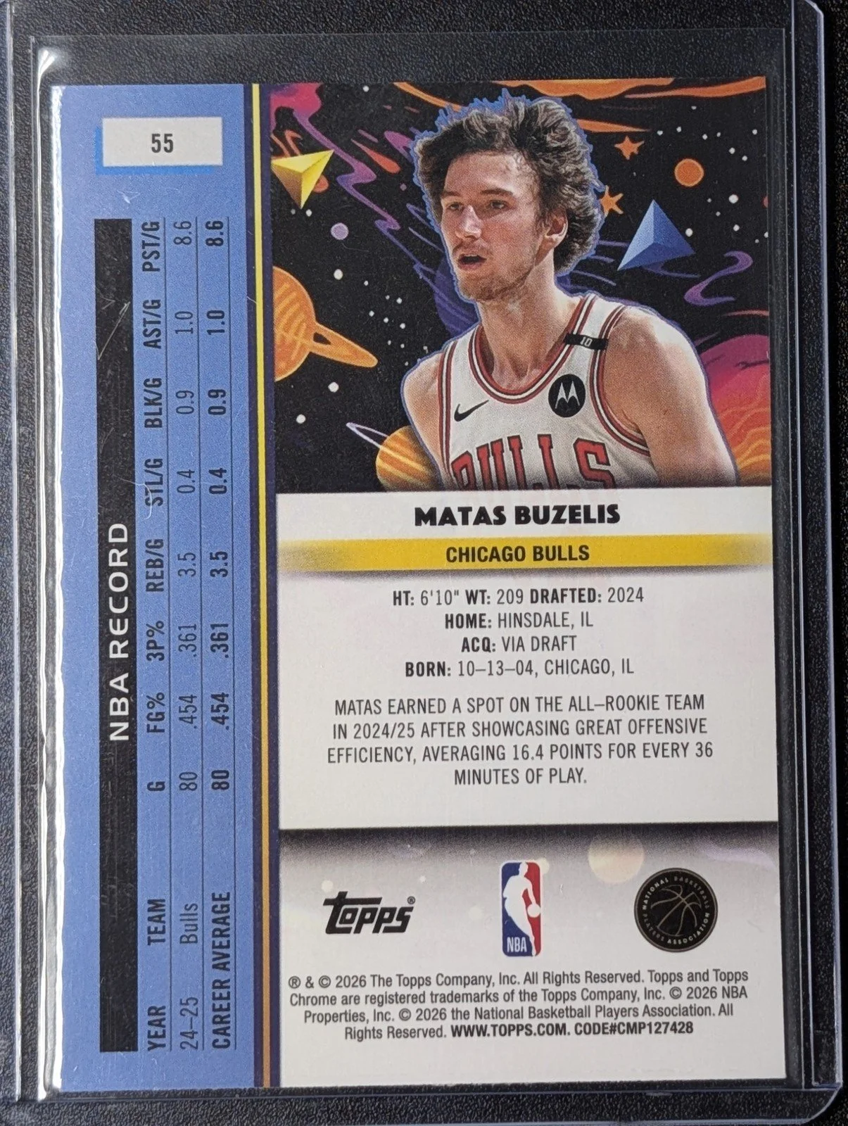 Back of 2025-26 Topps Chrome Cosmic #55 Matas Buzelis