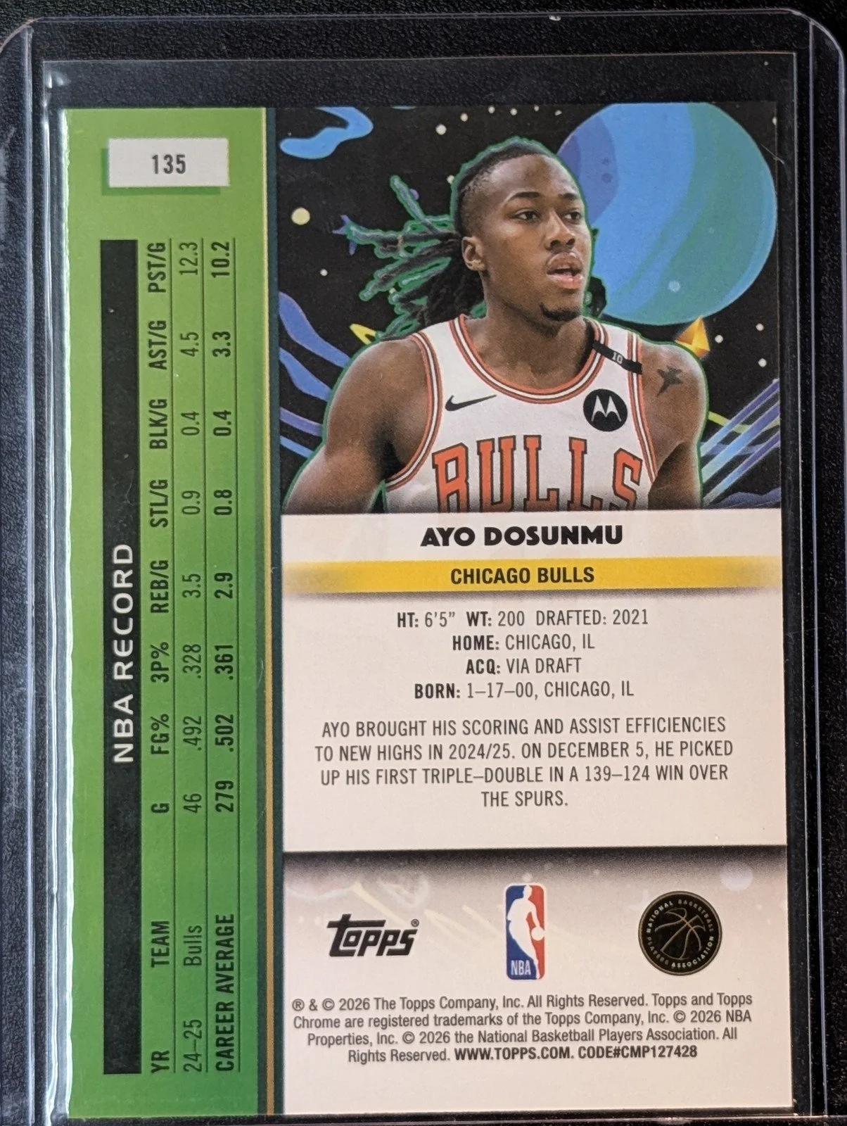 Back of 2025-26 Topps Chrome Cosmic #135 Ayo Dosunmu