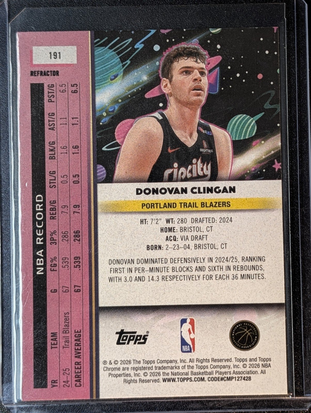 Back of 2025-26 Topps Chrome Cosmic #191 Donovan Clingan Refractor