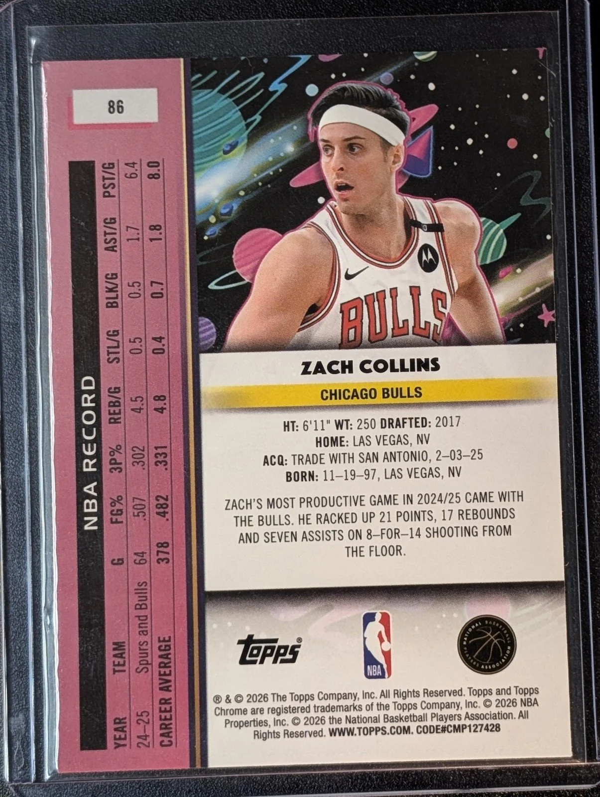Back of 2025-26 Topps Chrome Cosmic #86 Zach Collins