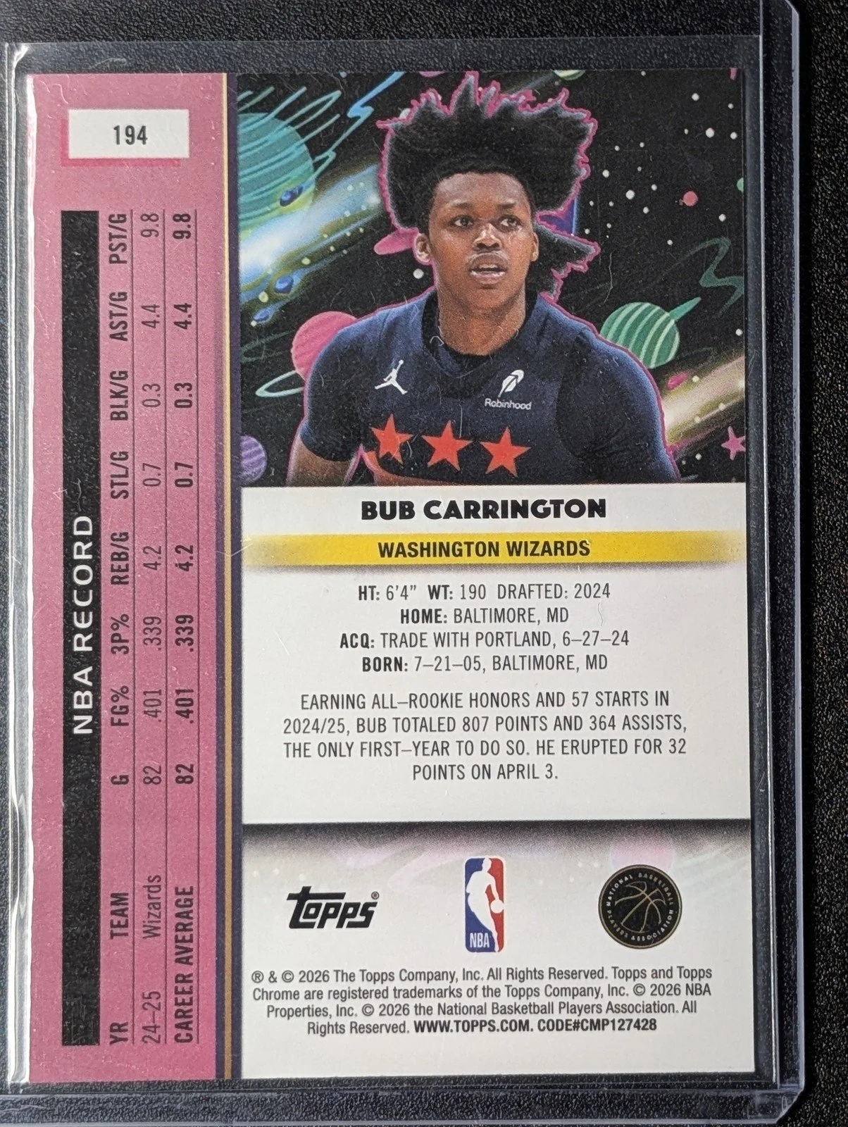 Back of 2025-26 Topps Chrome Cosmic #194 Bub Carrington Nucleus Refractor