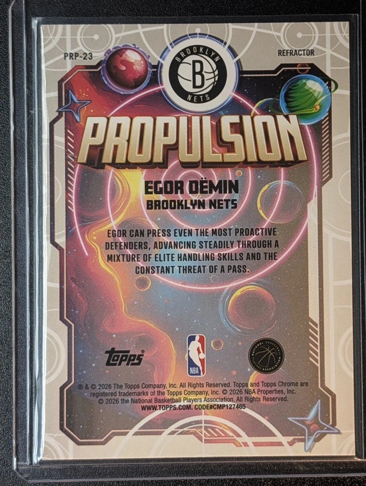 Back of 2025-26 TOPPS COSMIC EGOR DEMIN PROPULSION #PRP-23 REFRACTOR RC