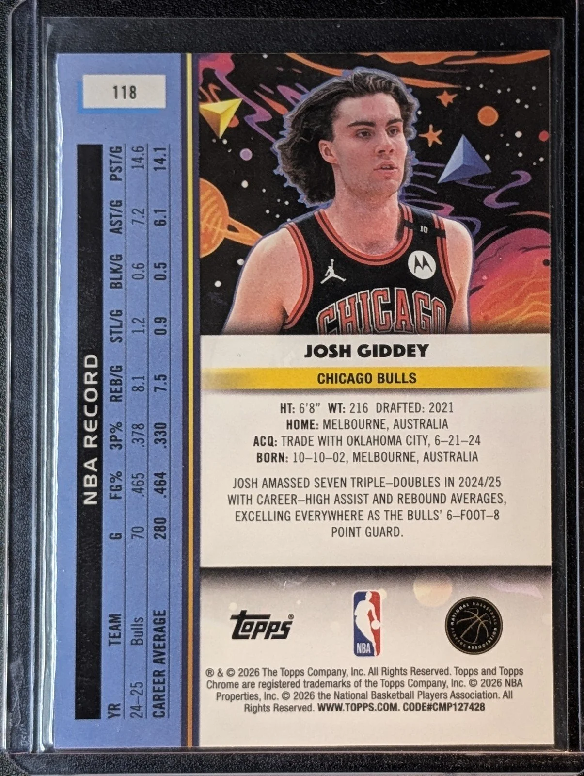 Back of 2025-26 Topps Chrome Cosmic #118 Josh Giddey