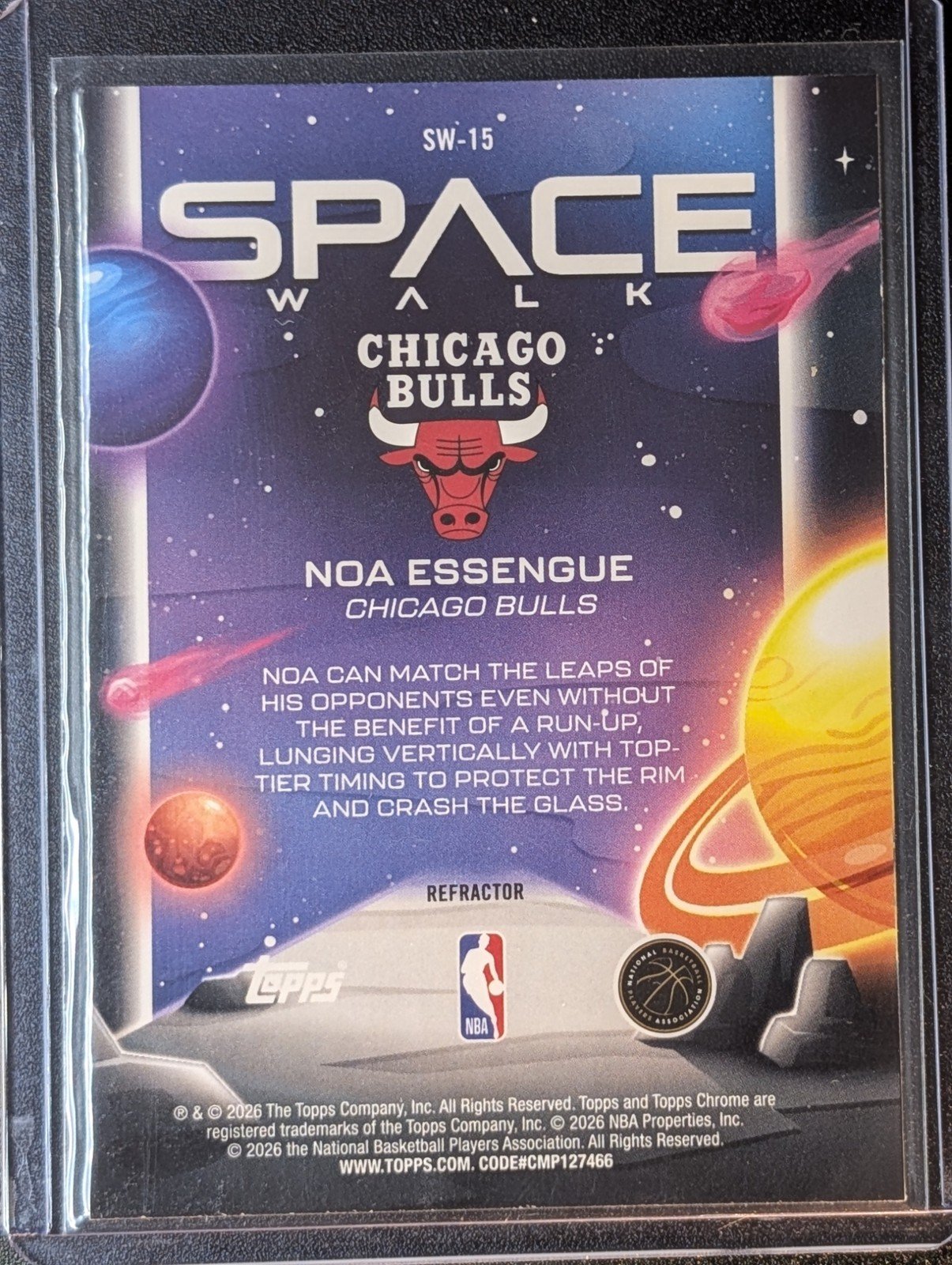 Back of 2025 Topps Cosmic Chrome Noa Essengue Space Walk REFRACTOR RC SW-15