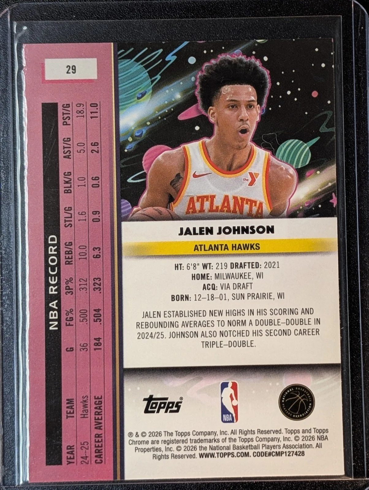 Back of 2025-26 Topps Chrome Cosmic #29 Jalen Johnson