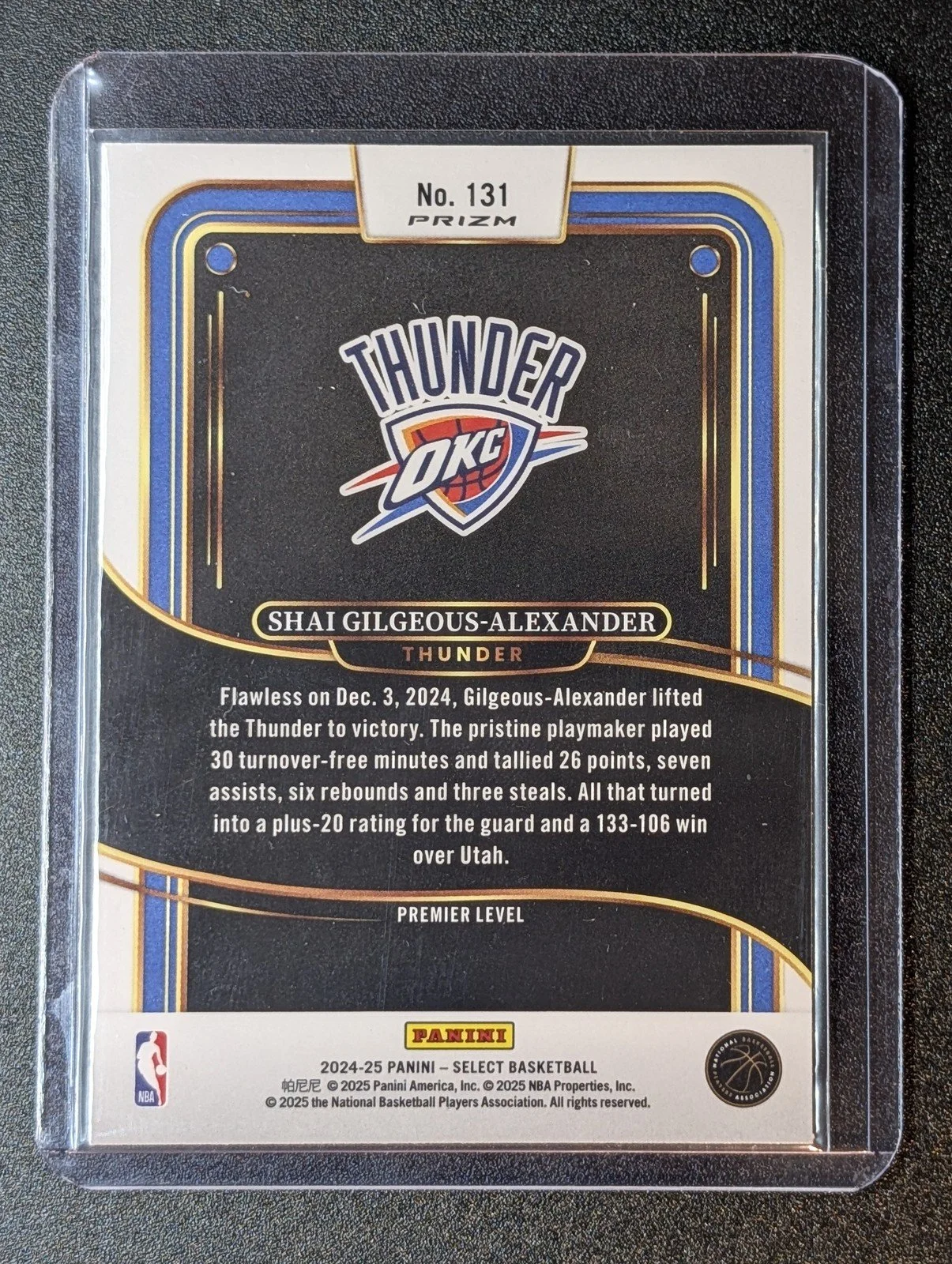 Back of 2024-25 Panini Select #131 Shai Gilgeous-Alexander Blue Cracked Ice Prizm