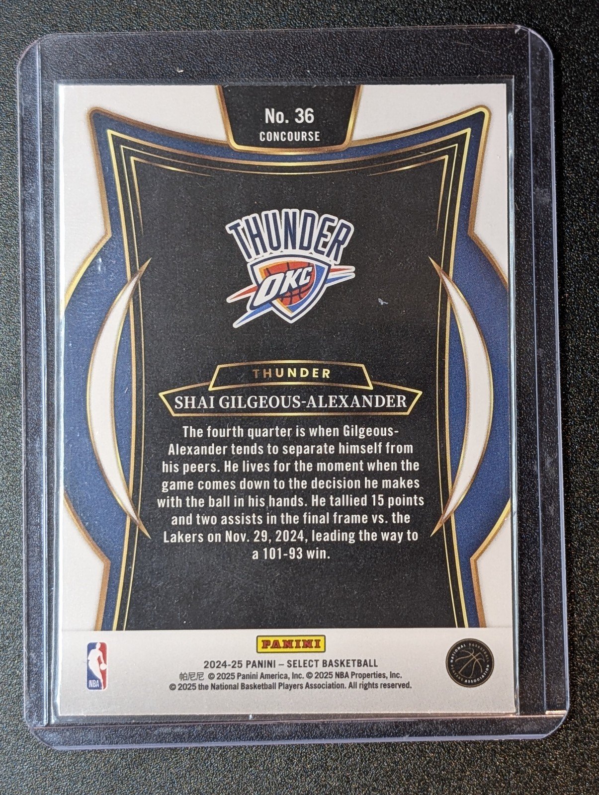 Back of 2024-25 Panini Select #36 Shai Gilgeous-Alexander Blue (Retail)